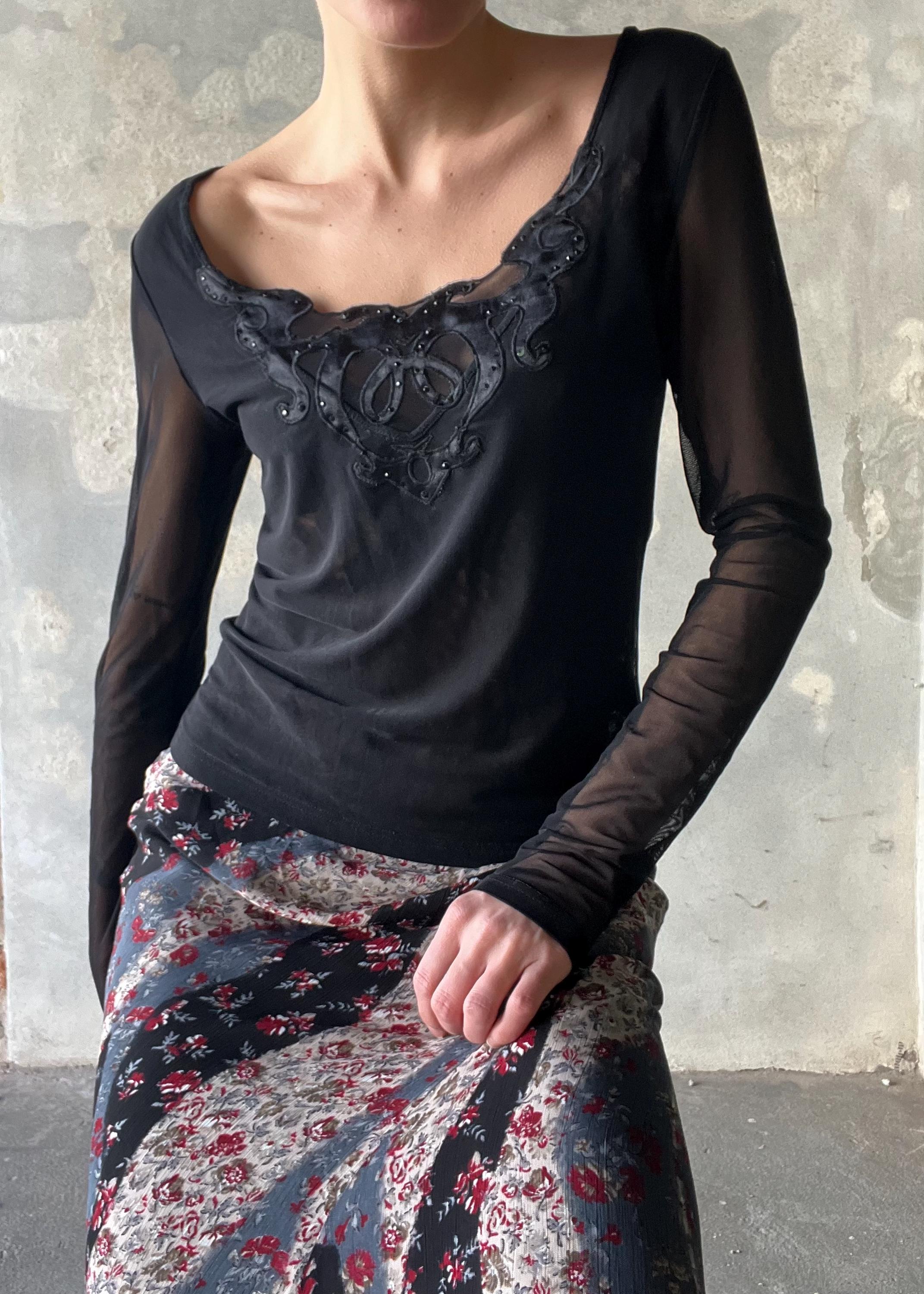 Top mesh nero con strass, maglia trasparente elegante stile Y2K