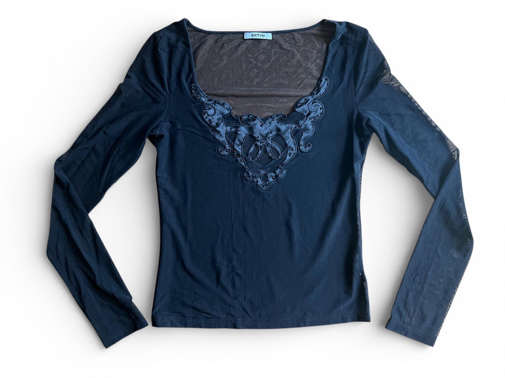 Top mesh nero con strass, maglia trasparente elegante stile Y2K