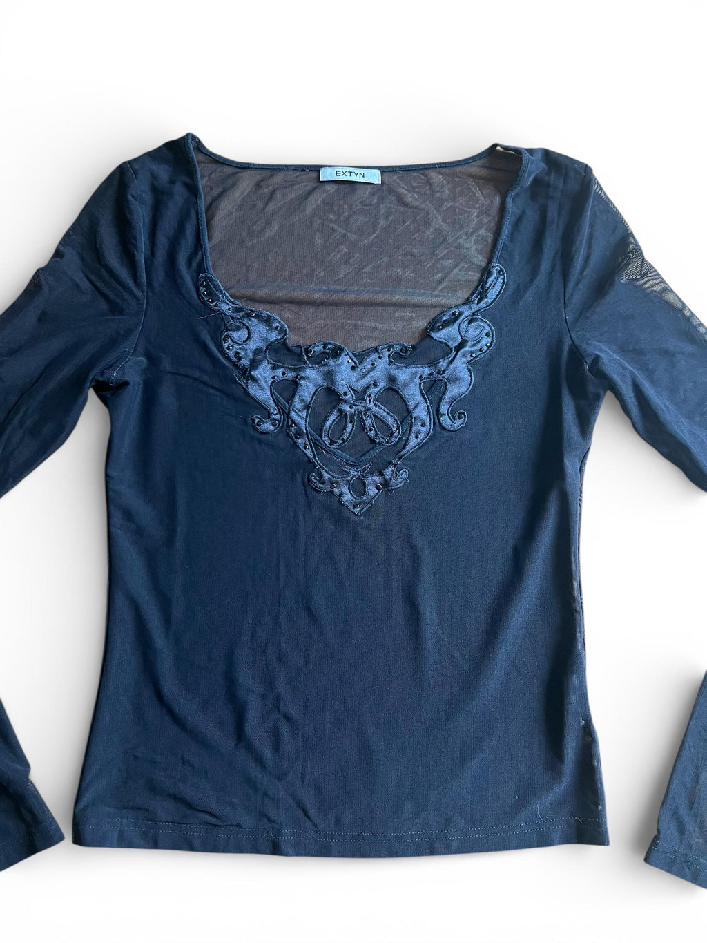Top mesh nero con strass, maglia trasparente elegante stile Y2K