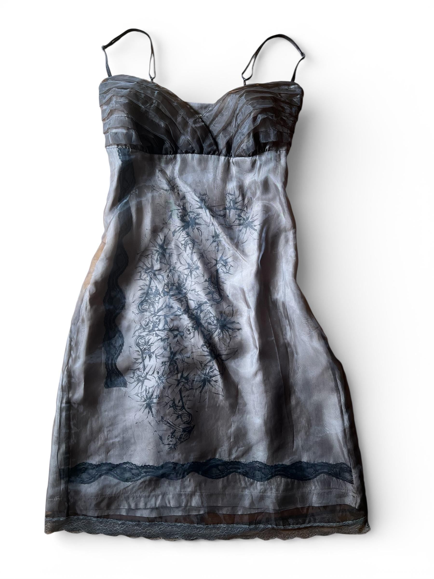 Abito vintage doppio strato in tulle trasparente - slip dress Y2K marrone con stampa