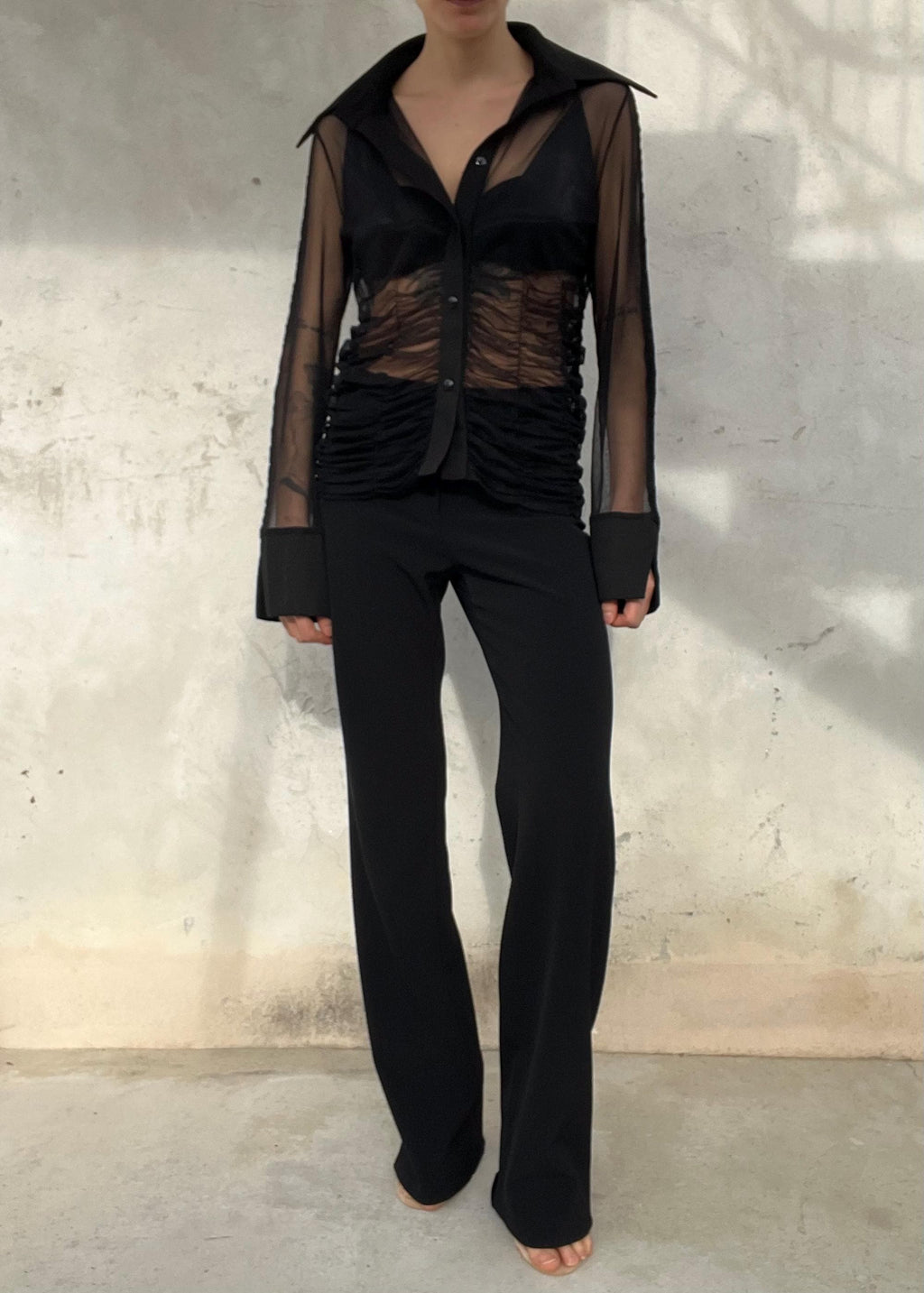 Camicia Trasparente Nera Vintage Mesh con Drappeggio