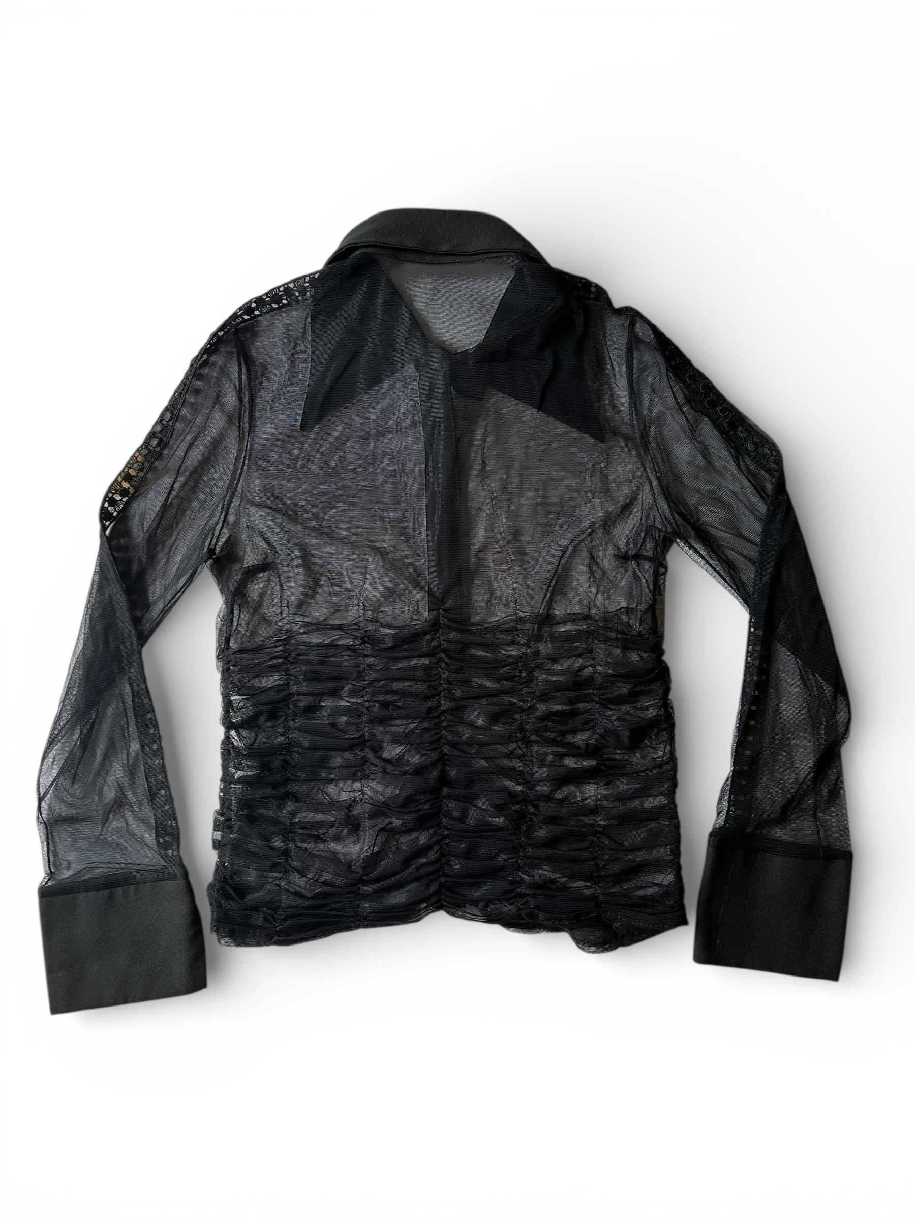 Camicia Trasparente Nera Vintage Mesh con Drappeggio