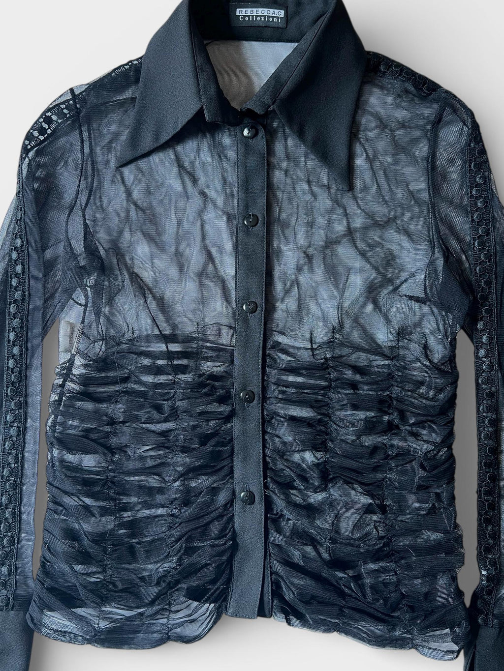 Camicia Trasparente Nera Vintage Mesh con Drappeggio