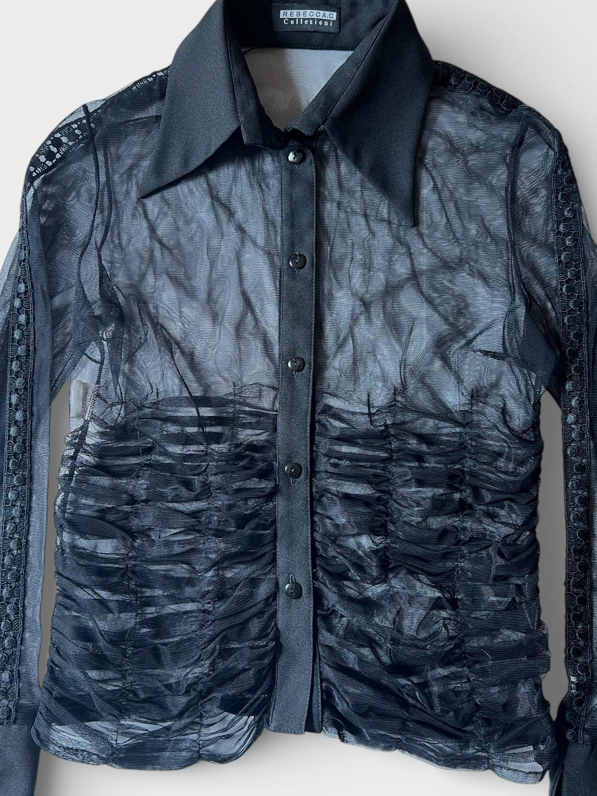 Camicia Trasparente Nera Vintage Mesh con Drappeggio