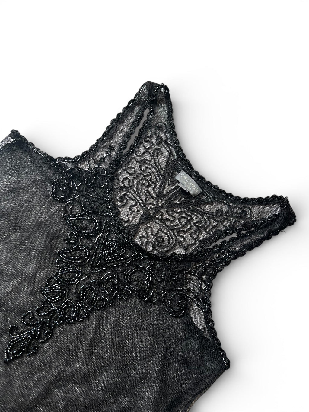 Top Nero Trasparente Vintage con Ricami e Perline