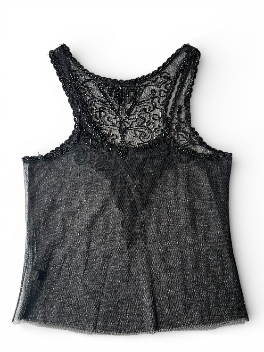 Top Nero Trasparente Vintage con Ricami e Perline