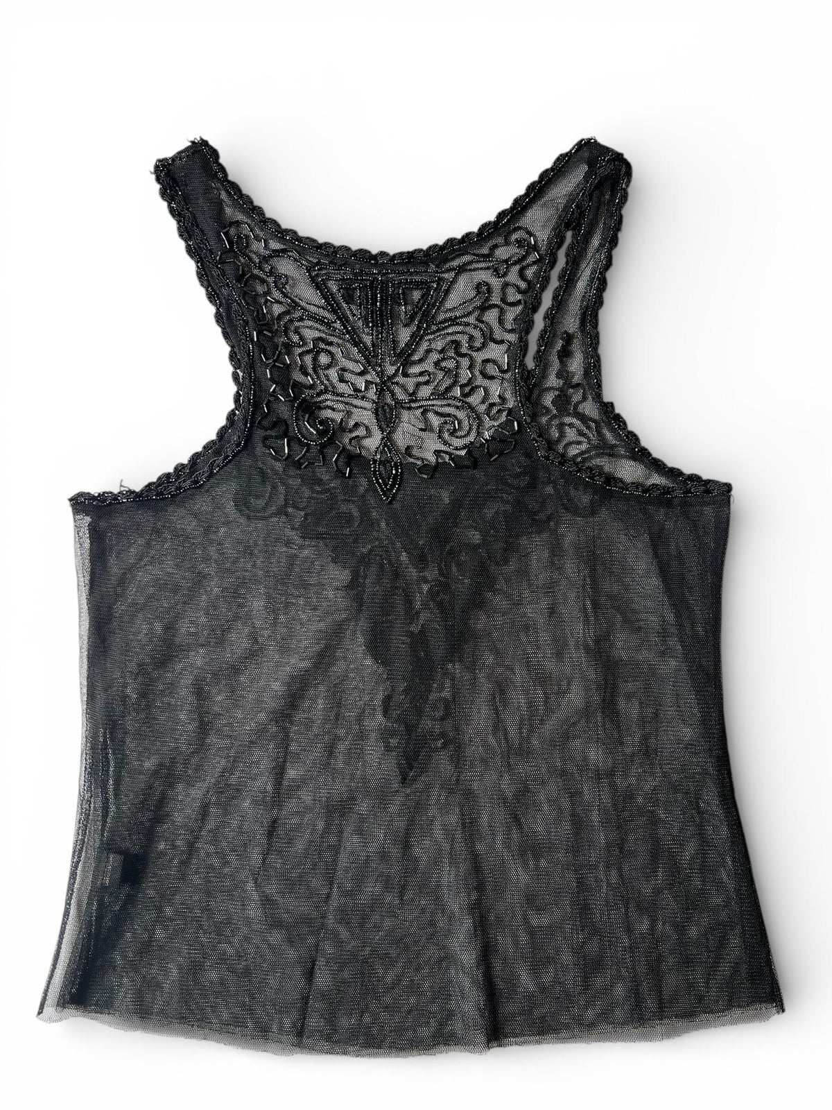 Top Nero Trasparente Vintage con Ricami e Perline