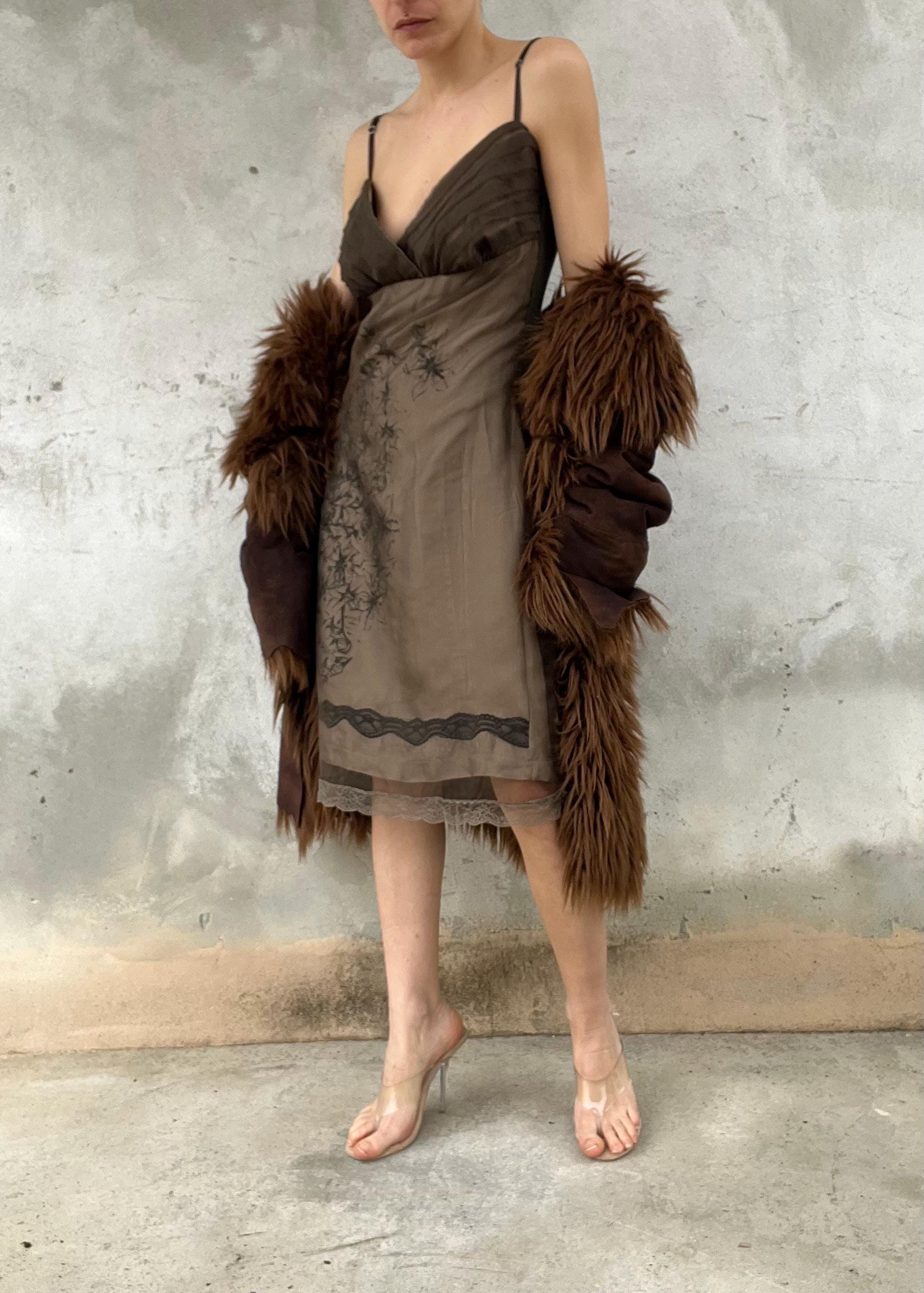 Abito vintage doppio strato in tulle trasparente - slip dress Y2K marrone con stampa
