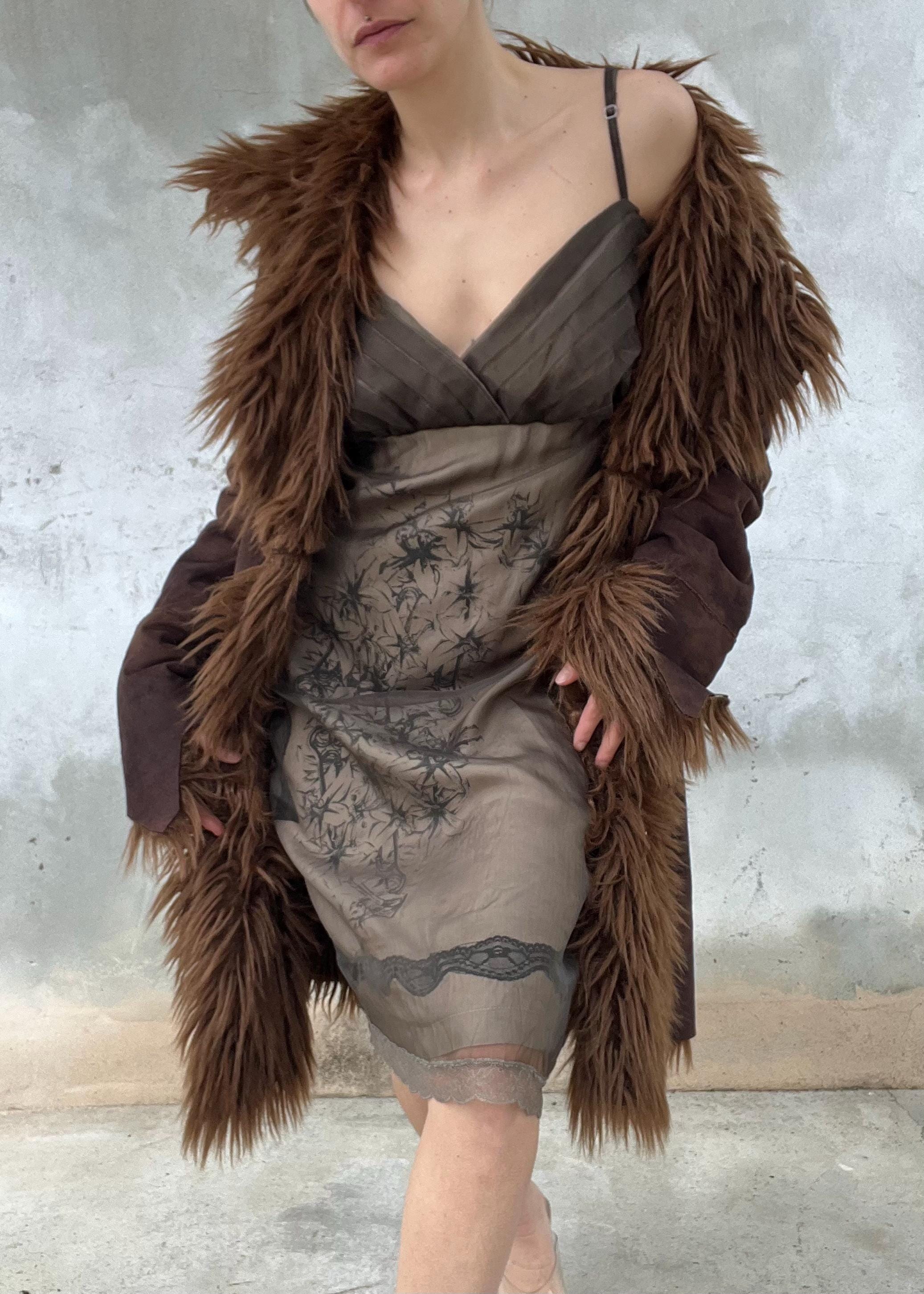 Abito vintage doppio strato in tulle trasparente - slip dress Y2K marrone con stampa