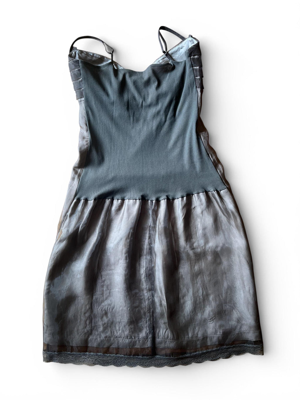 Abito vintage doppio strato in tulle trasparente - slip dress Y2K marrone con stampa