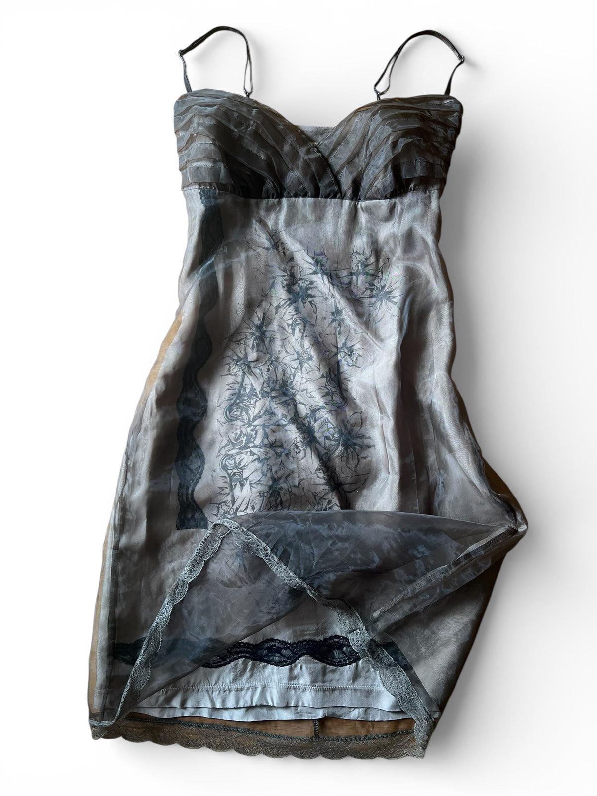 Abito vintage doppio strato in tulle trasparente - slip dress Y2K marrone con stampa