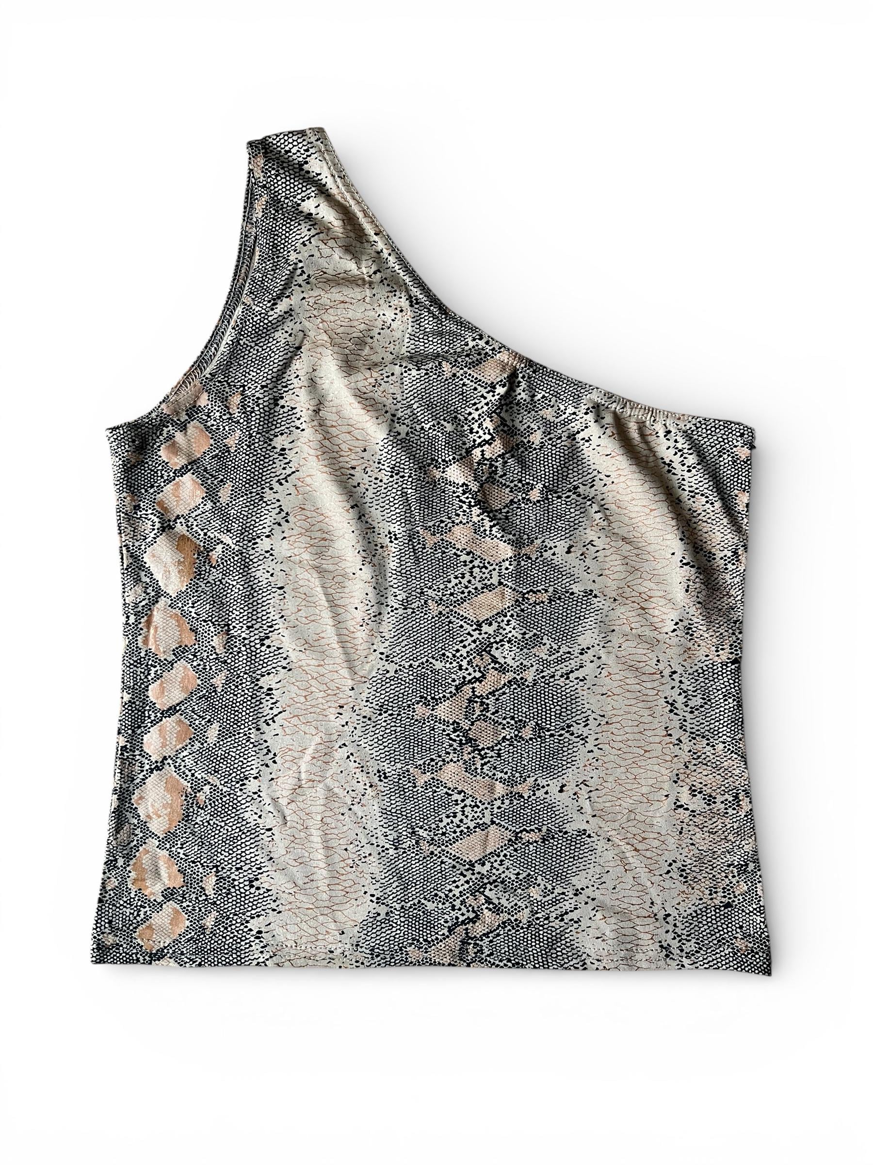 Top vintage monospalla animalier con effetto shimmer