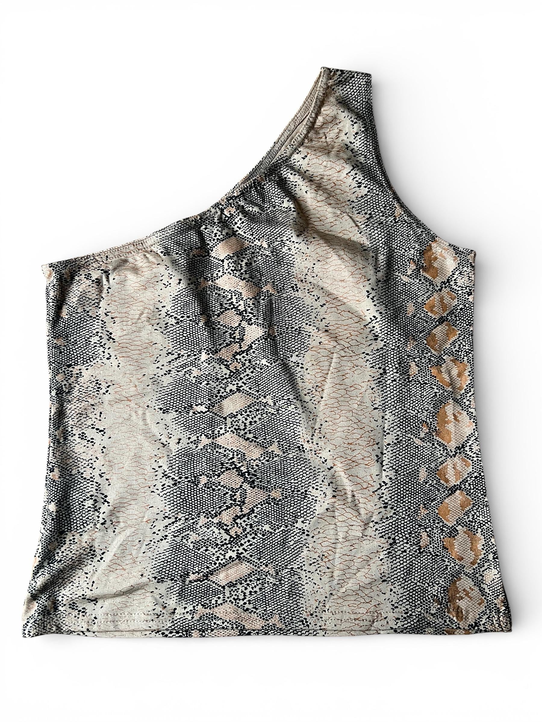 Top vintage monospalla animalier con effetto shimmer