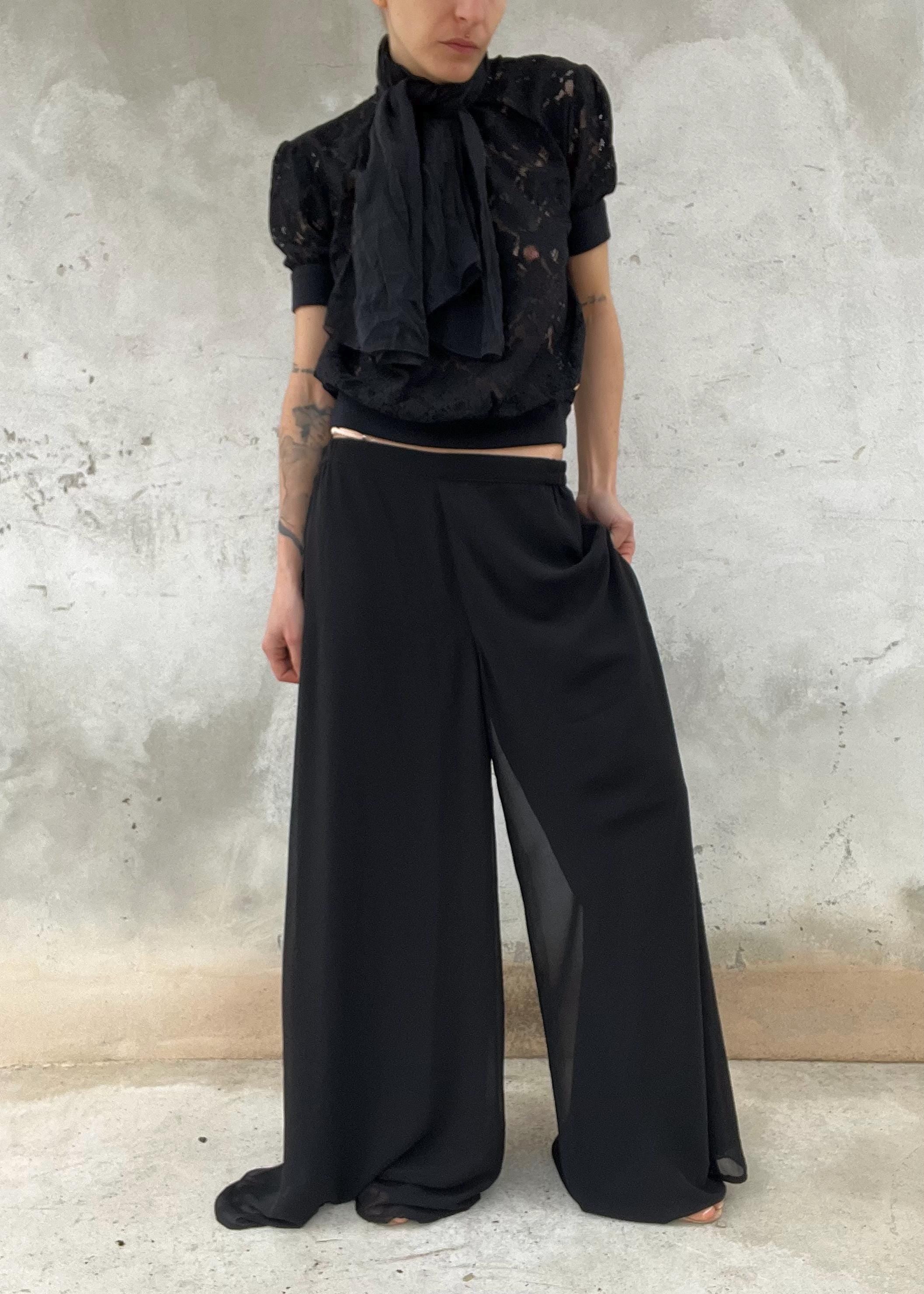 Pantaloni palazzo neri vintage fluidi a vita alta