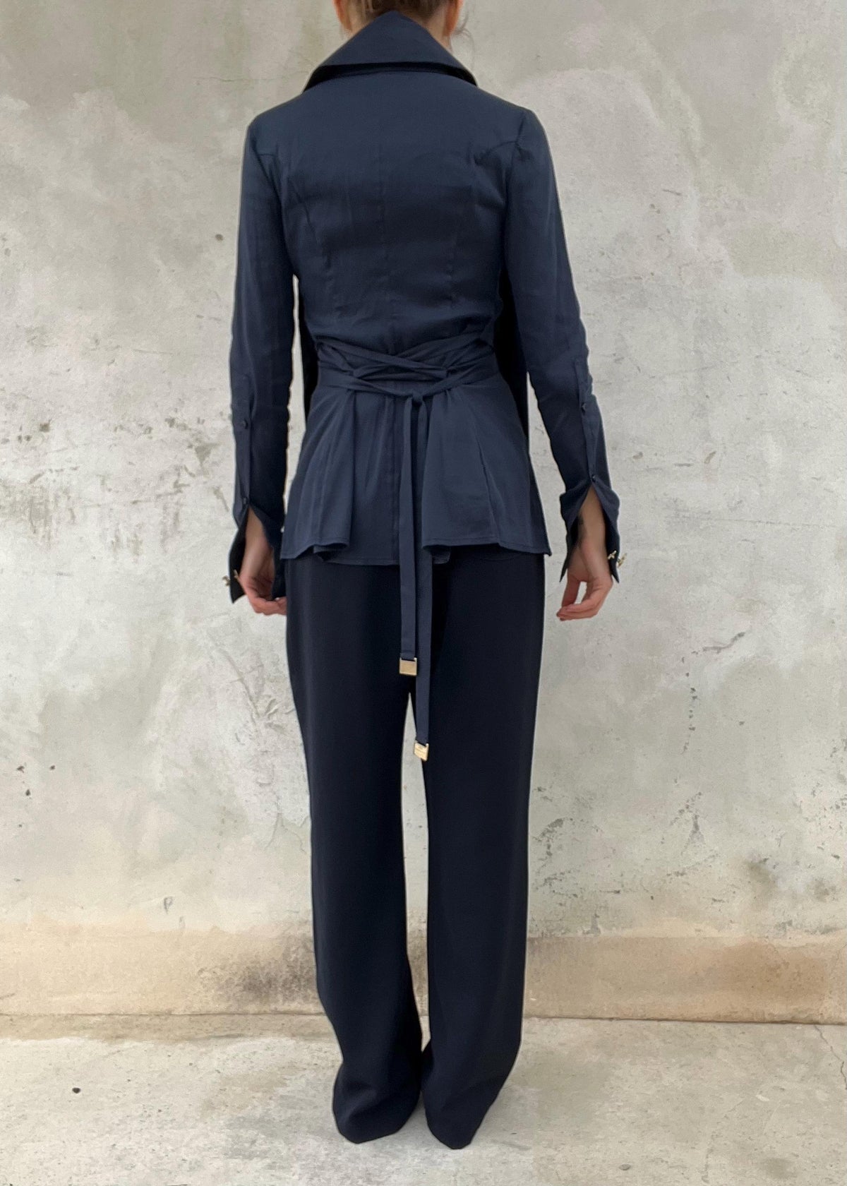 Pantaloni Vintage Donna Blu Scuro in Lana Vita Alta Gamba Dritta Sartoriali Eleganti