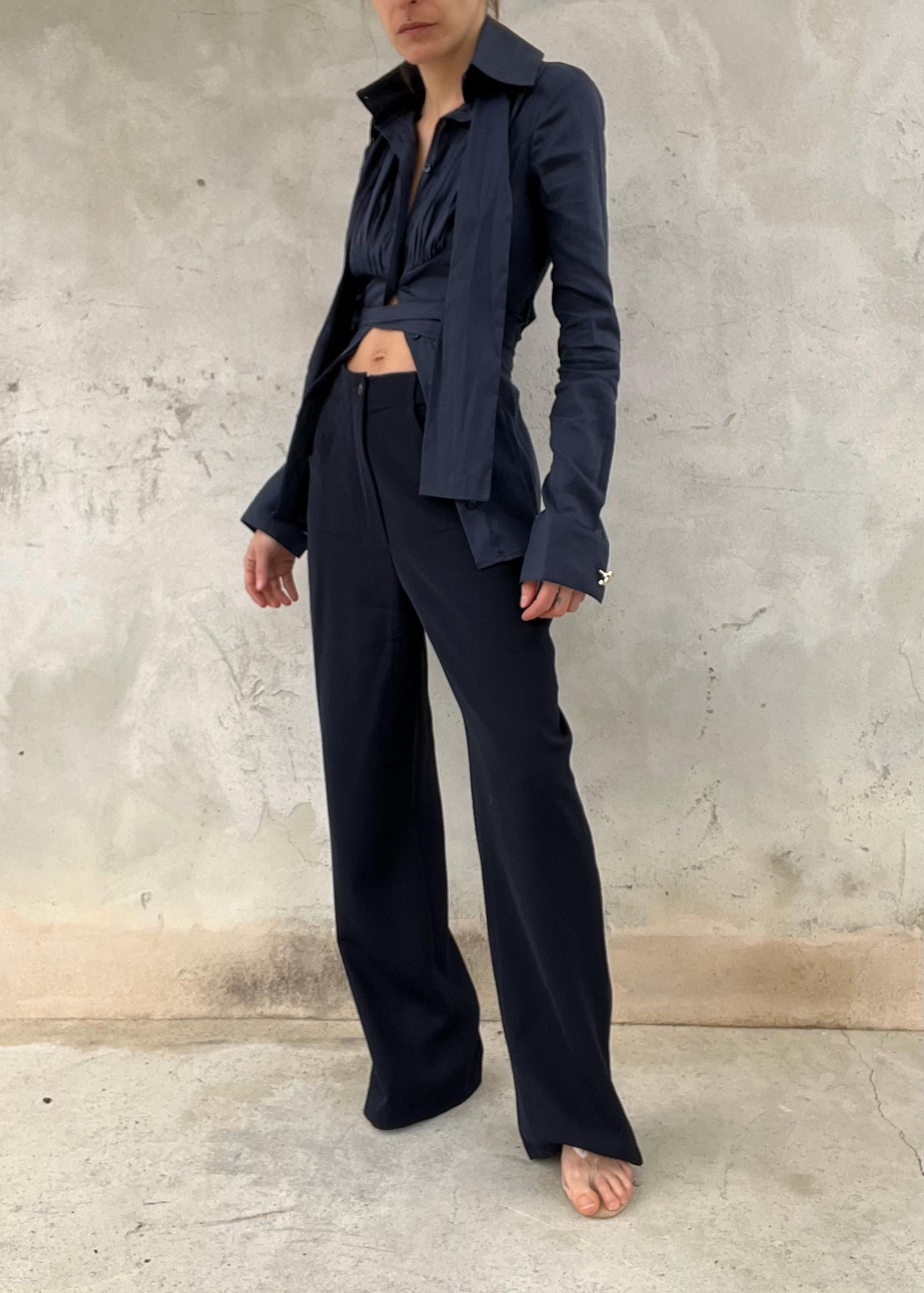 Pantaloni Vintage Donna Blu Scuro in Lana Vita Alta Gamba Dritta Sartoriali Eleganti