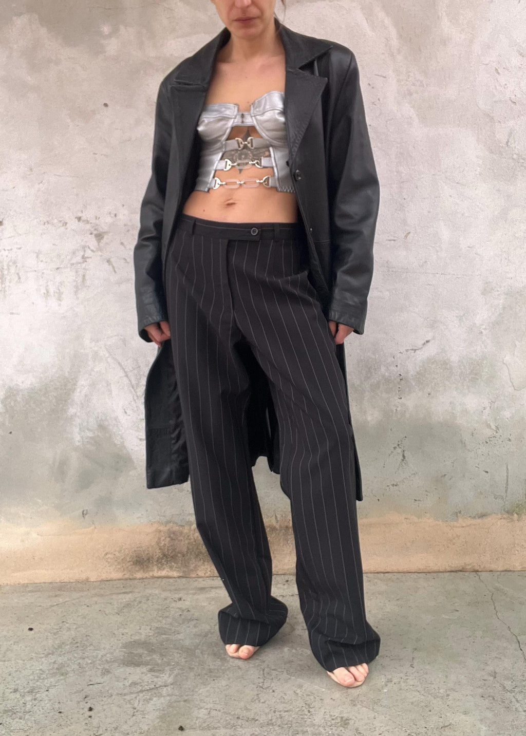 Pantaloni Vintage Gessati Donna Nero Gamba Dritta Tailoring Classico Elegante