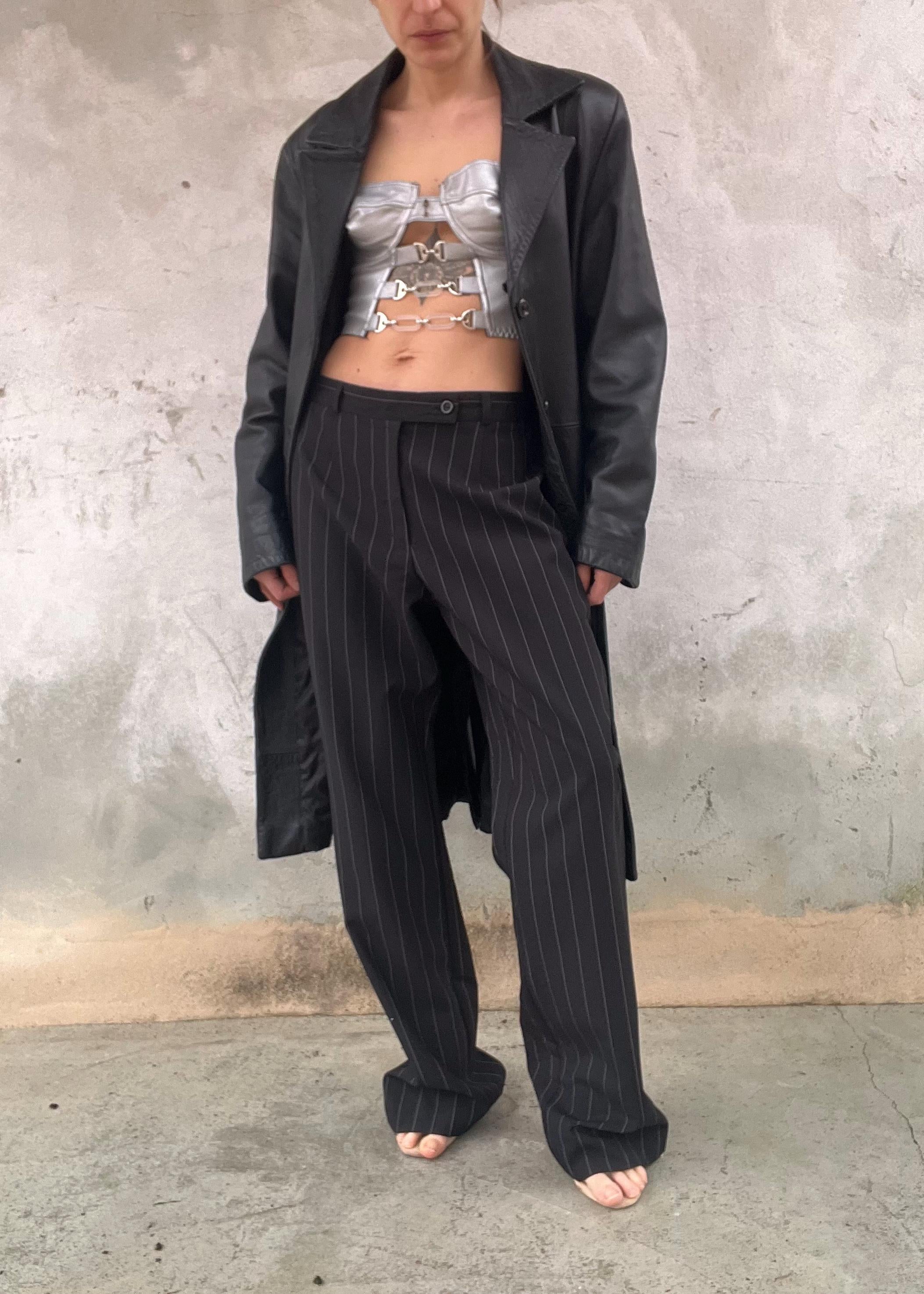 Pantaloni Vintage Gessati Donna Nero Gamba Dritta Tailoring Classico Elegante