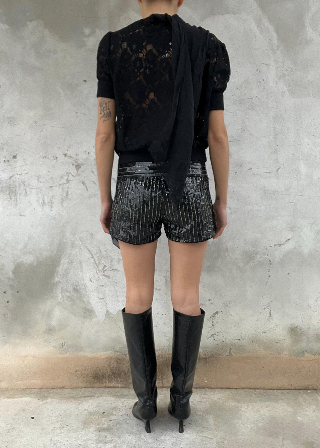 Pantaloncino Paillettes Nero Vita Bassa Party Shorts Vintage Glam