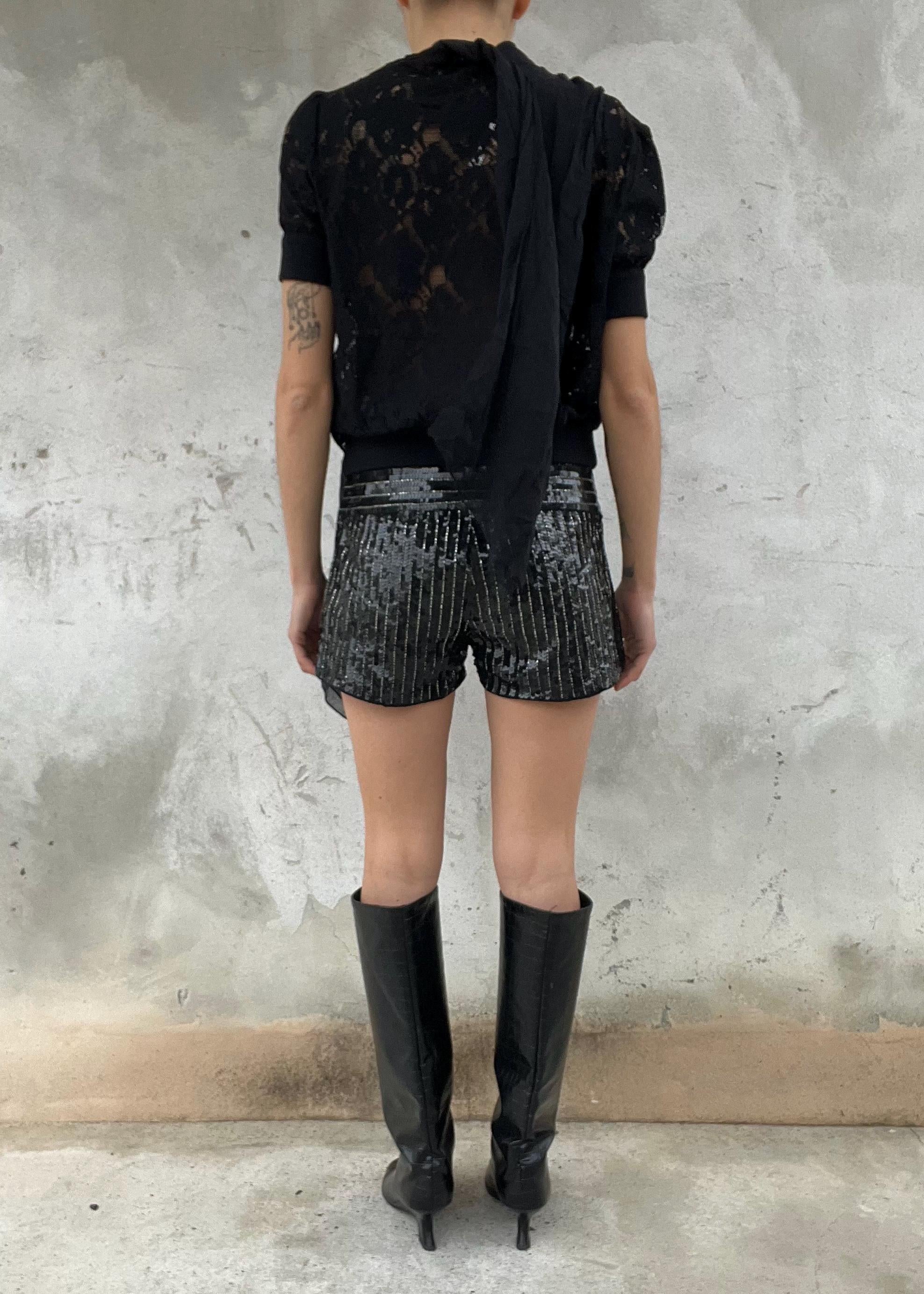 Pantaloncino Paillettes Nero Vita Bassa Party Shorts Vintage Glam