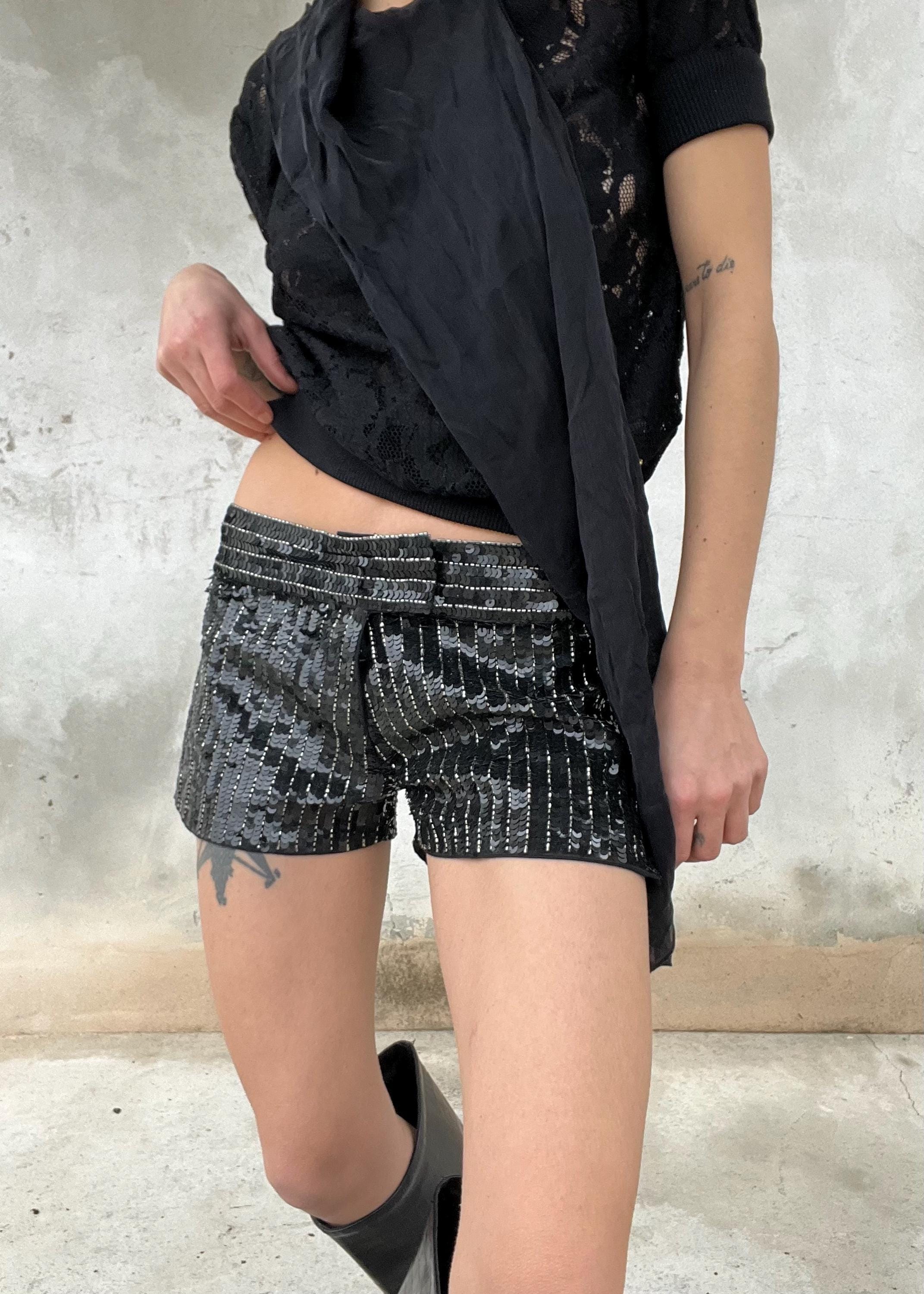 Pantaloncino Paillettes Nero Vita Bassa Party Shorts Vintage Glam