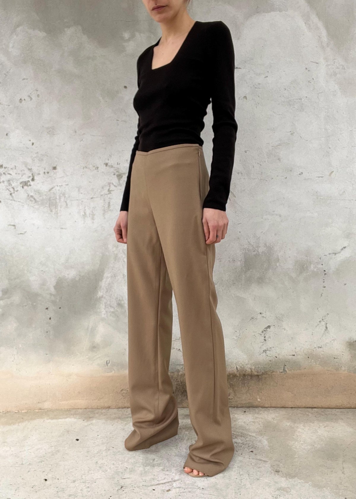 Pantaloni Vintage Beige Misto Lana Vita Alta Wide Leg Minimal