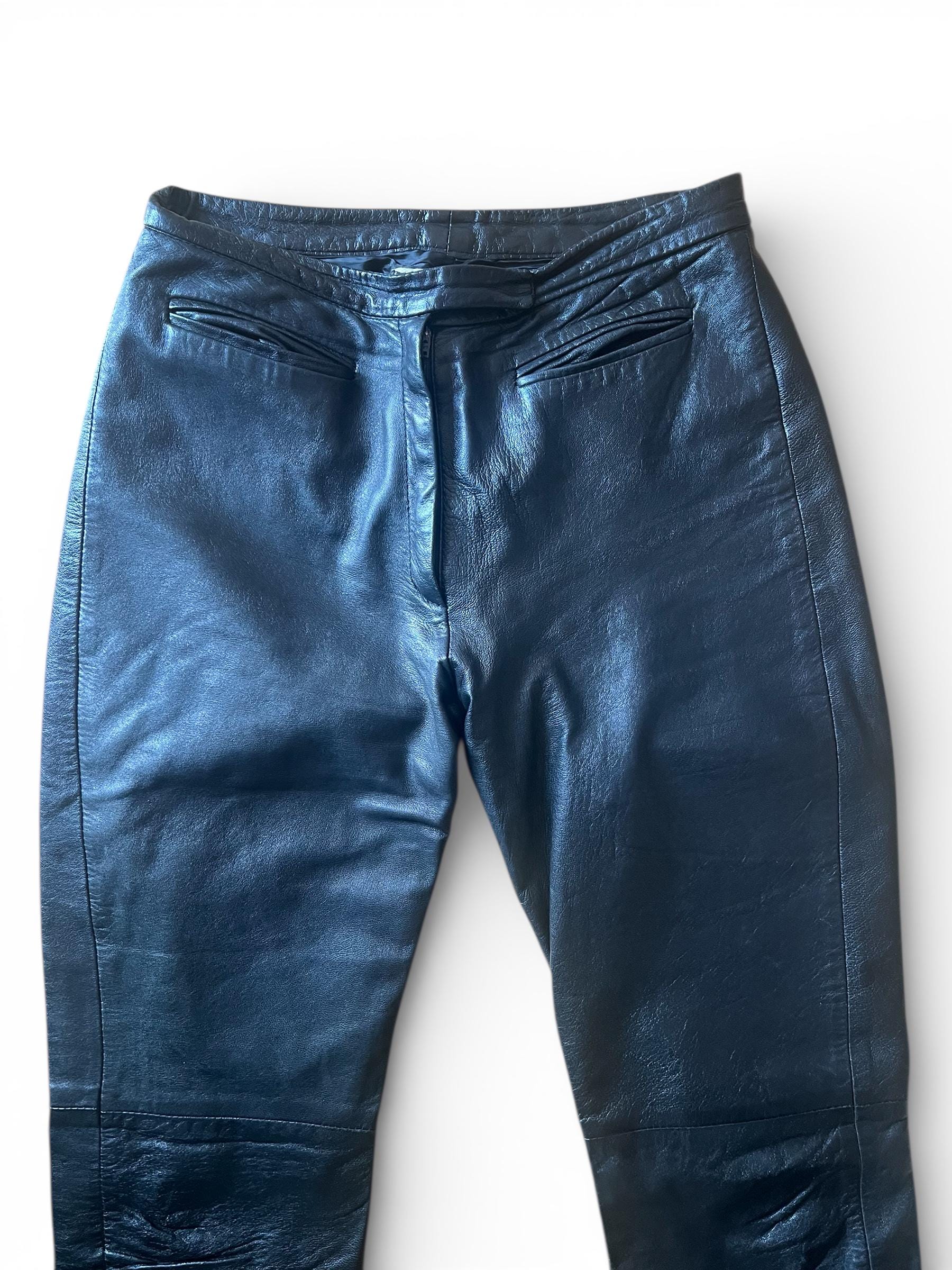 Pantaloni vintage in vera pelle nera low rise