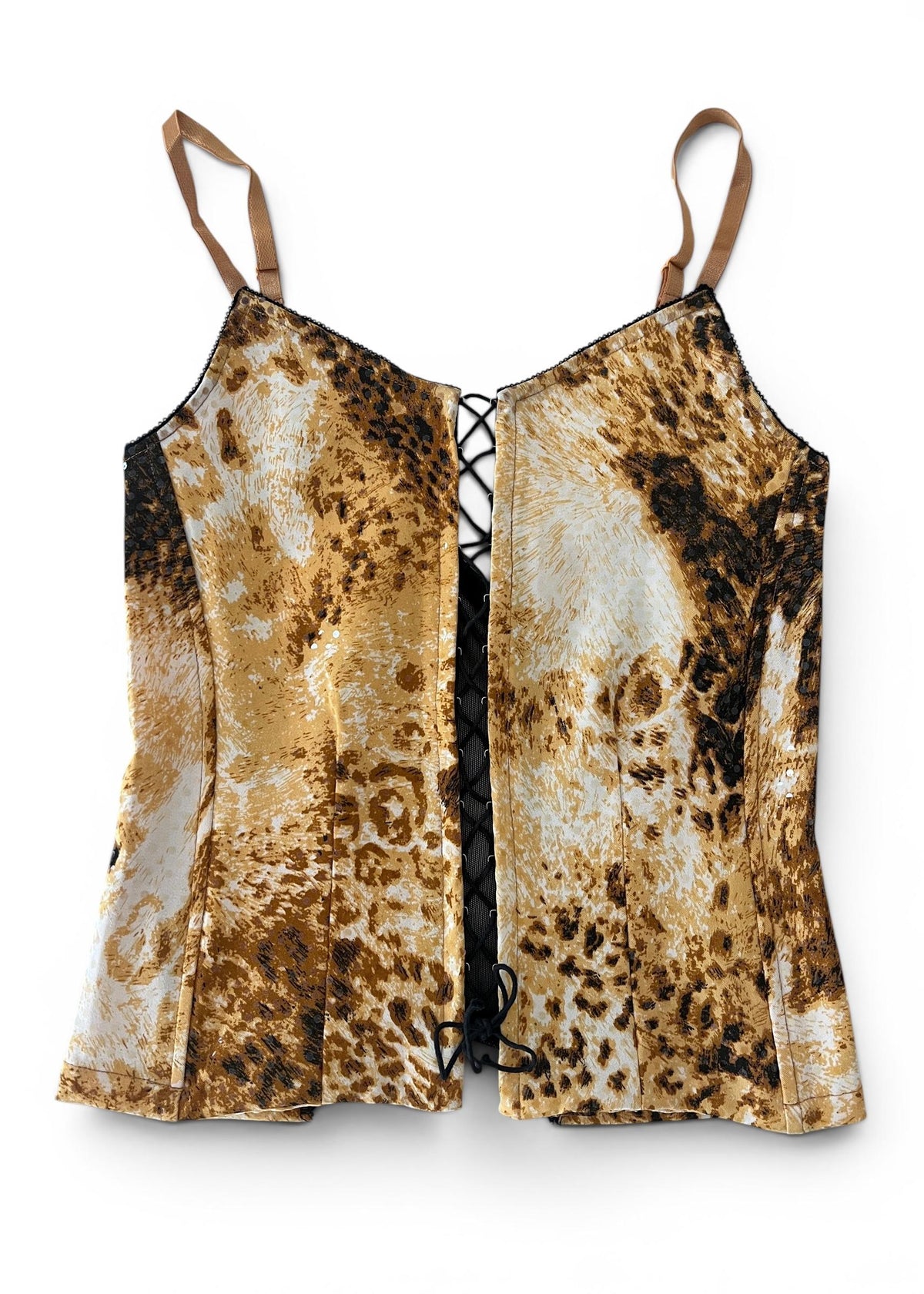 Completo Y2K animalier donna con top corsetto e pantaloni flare