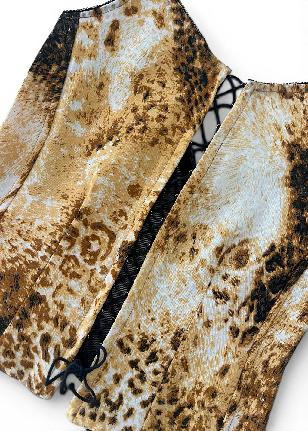 Completo Y2K animalier donna con top corsetto e pantaloni flare