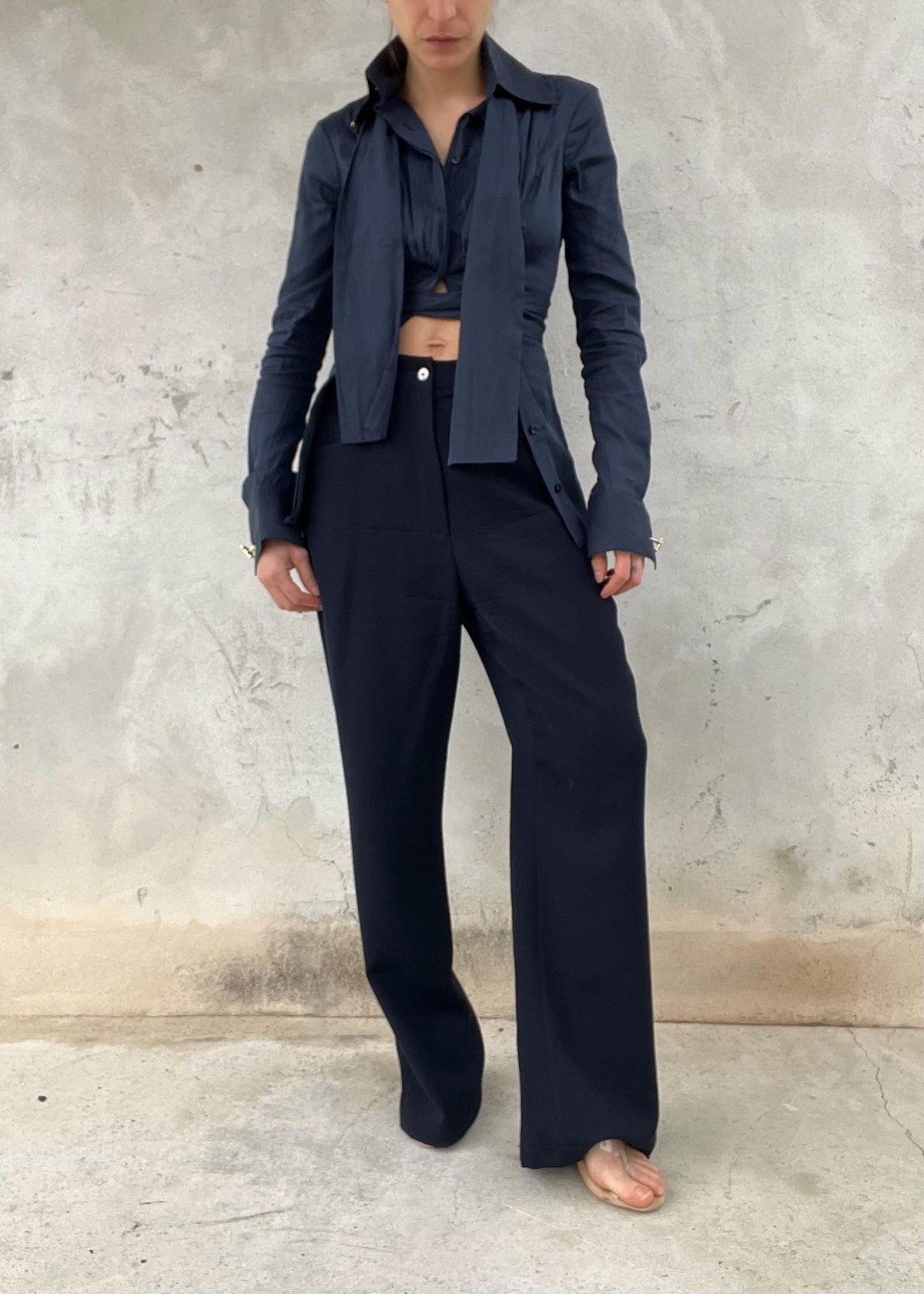 Pantaloni Vintage Donna Blu Scuro in Lana Vita Alta Gamba Dritta Sartoriali Eleganti