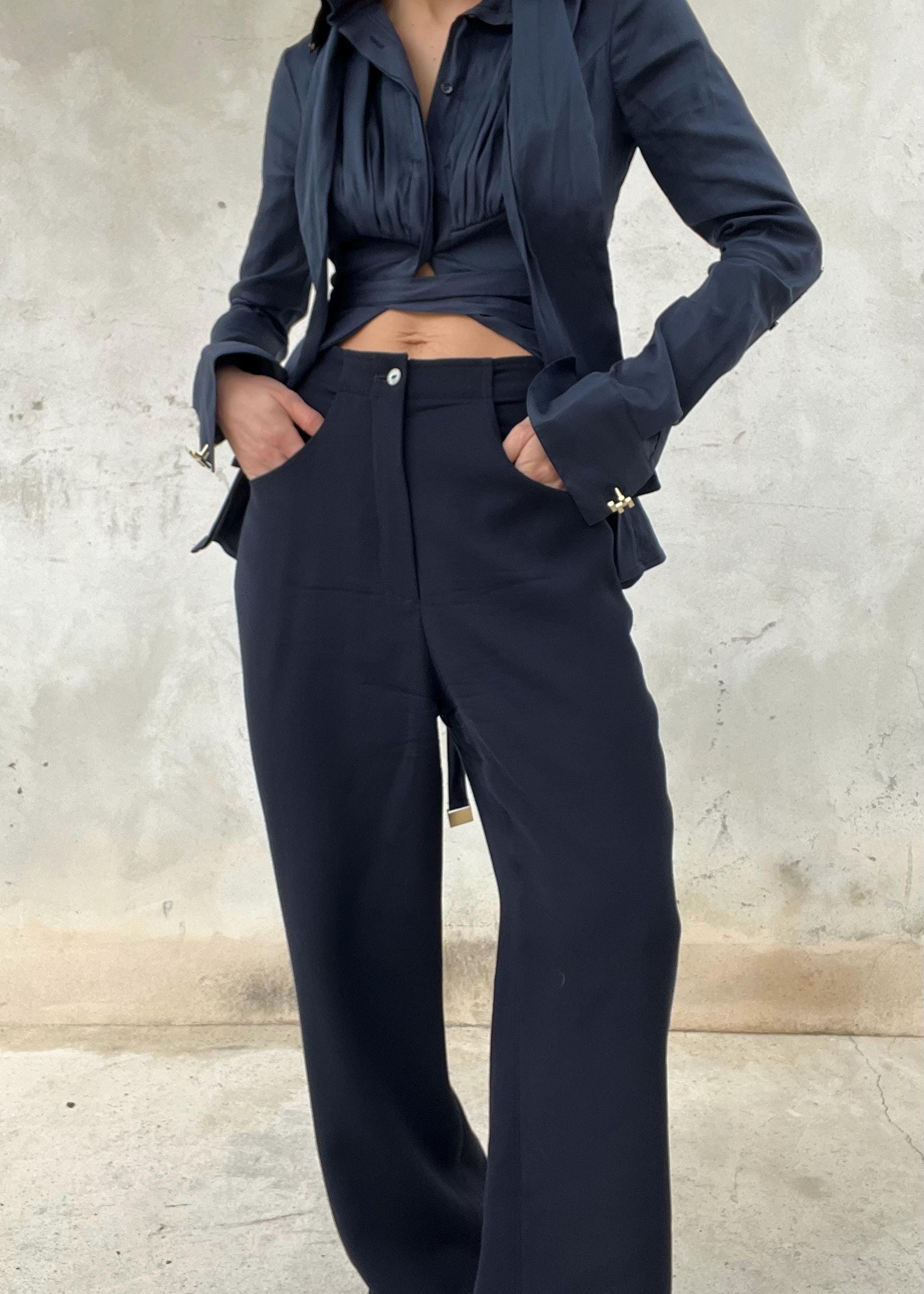 Pantaloni Vintage Donna Blu Scuro in Lana Vita Alta Gamba Dritta Sartoriali Eleganti
