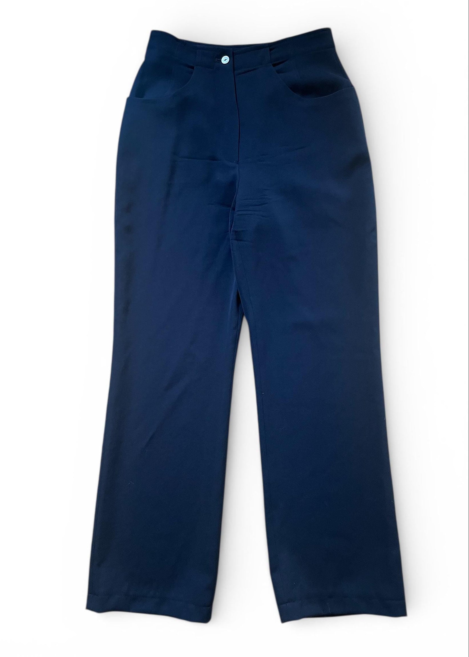 Pantaloni Vintage Donna Blu Scuro in Lana Vita Alta Gamba Dritta Sartoriali Eleganti