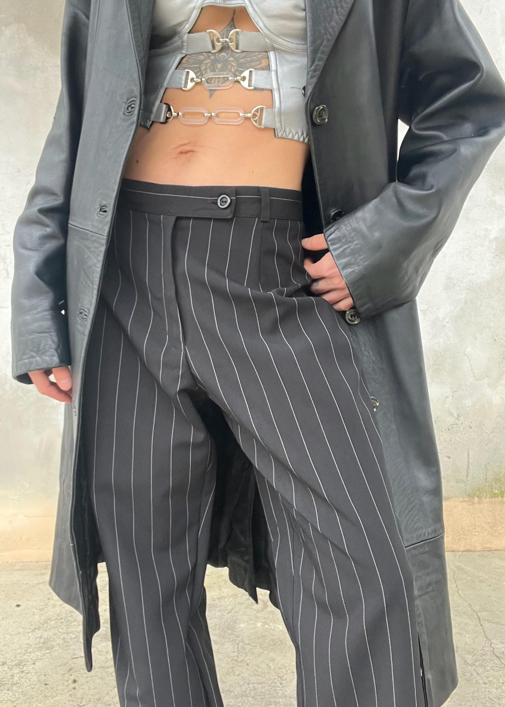 Pantaloni Vintage Gessati Donna Nero Gamba Dritta Tailoring Classico Elegante