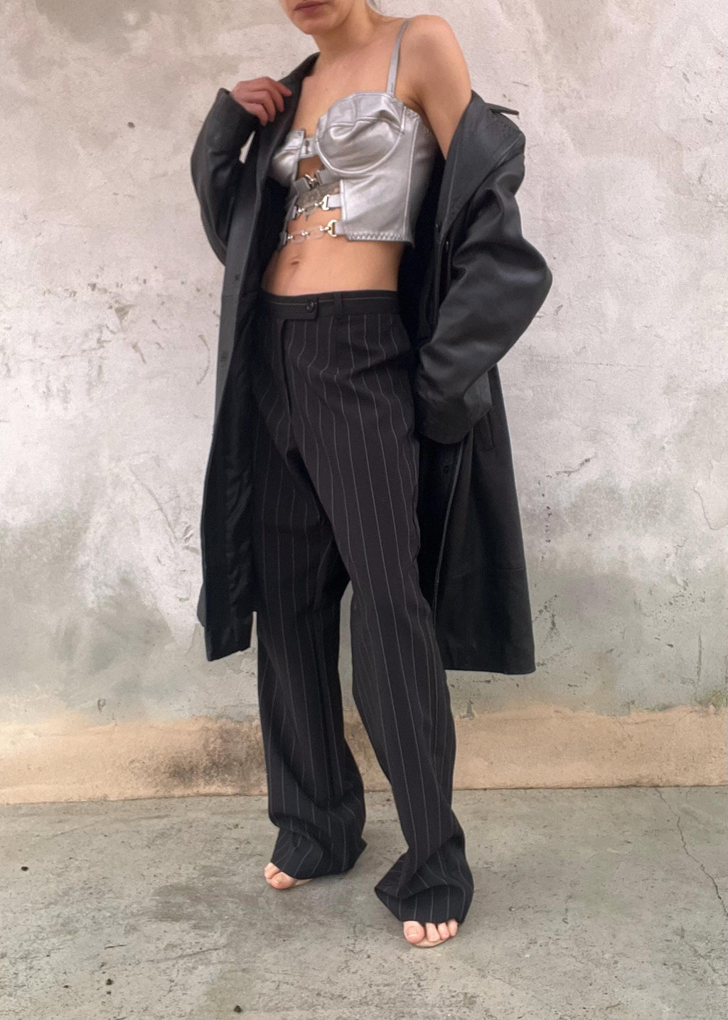 Pantaloni Vintage Gessati Donna Nero Gamba Dritta Tailoring Classico Elegante