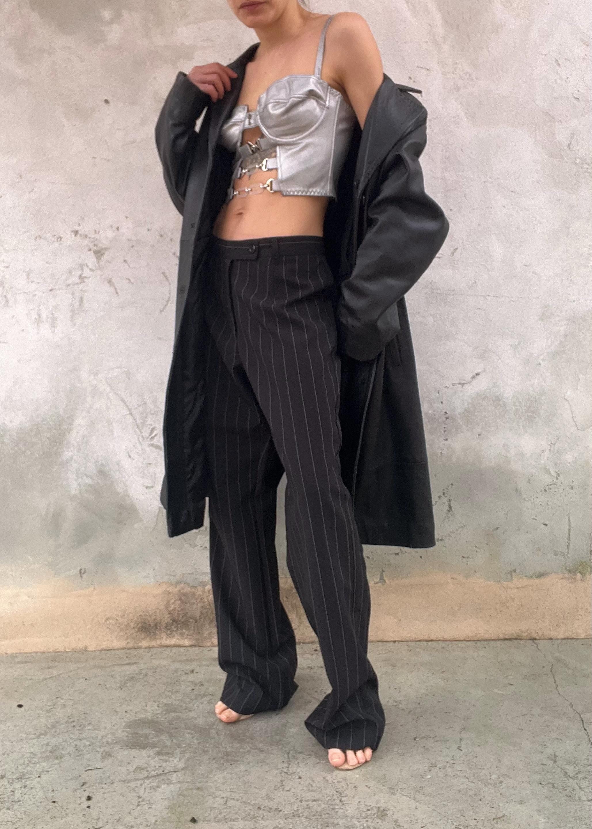 Pantaloni Vintage Gessati Donna Nero Gamba Dritta Tailoring Classico Elegante