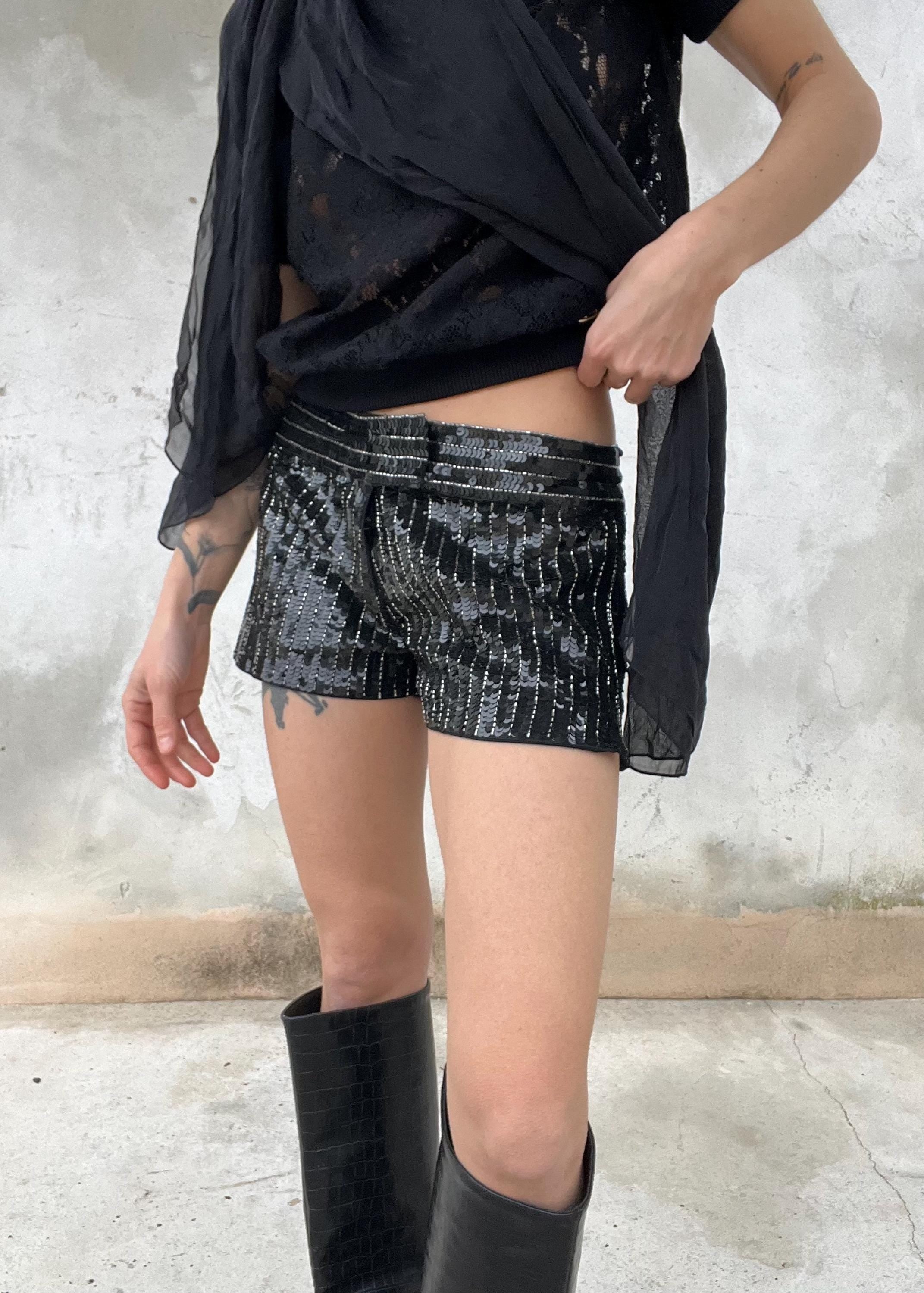 Pantaloncino Paillettes Nero Vita Bassa Party Shorts Vintage Glam