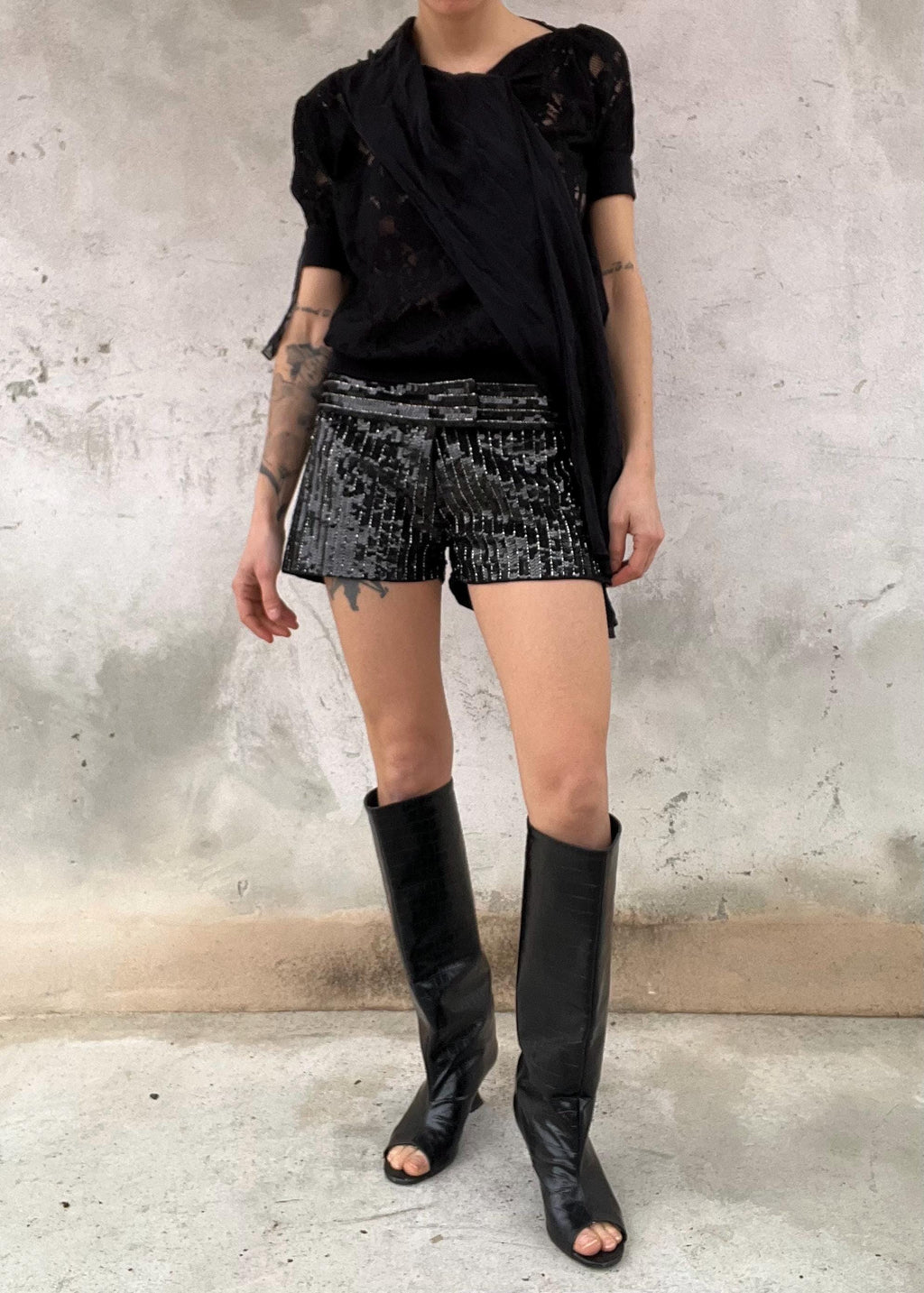 Pantaloncino Paillettes Nero Vita Bassa Party Shorts Vintage Glam