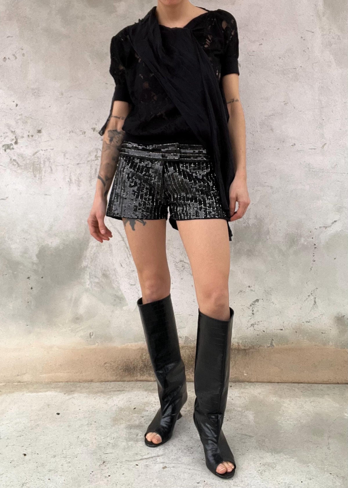 Pantaloncino Paillettes Nero Vita Bassa Party Shorts Vintage Glam