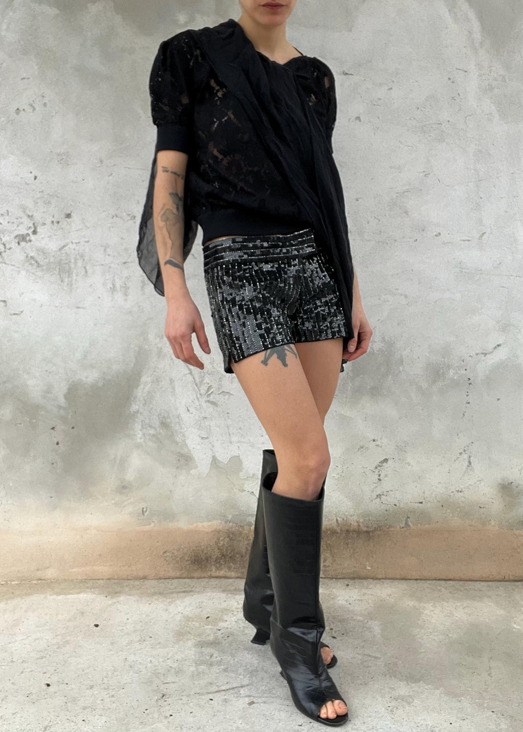Pantaloncino Paillettes Nero Vita Bassa Party Shorts Vintage Glam