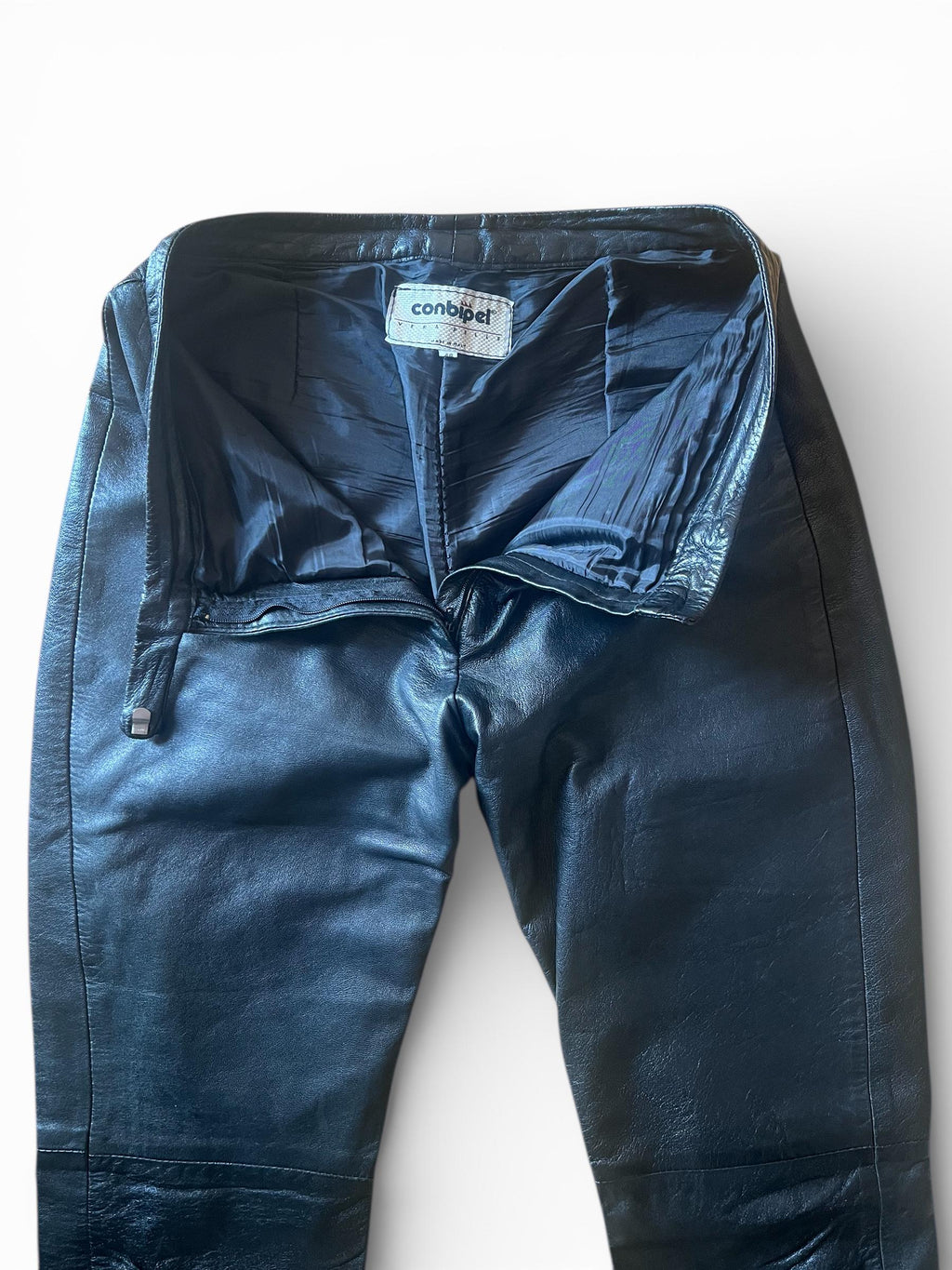 Pantaloni vintage in vera pelle nera low rise