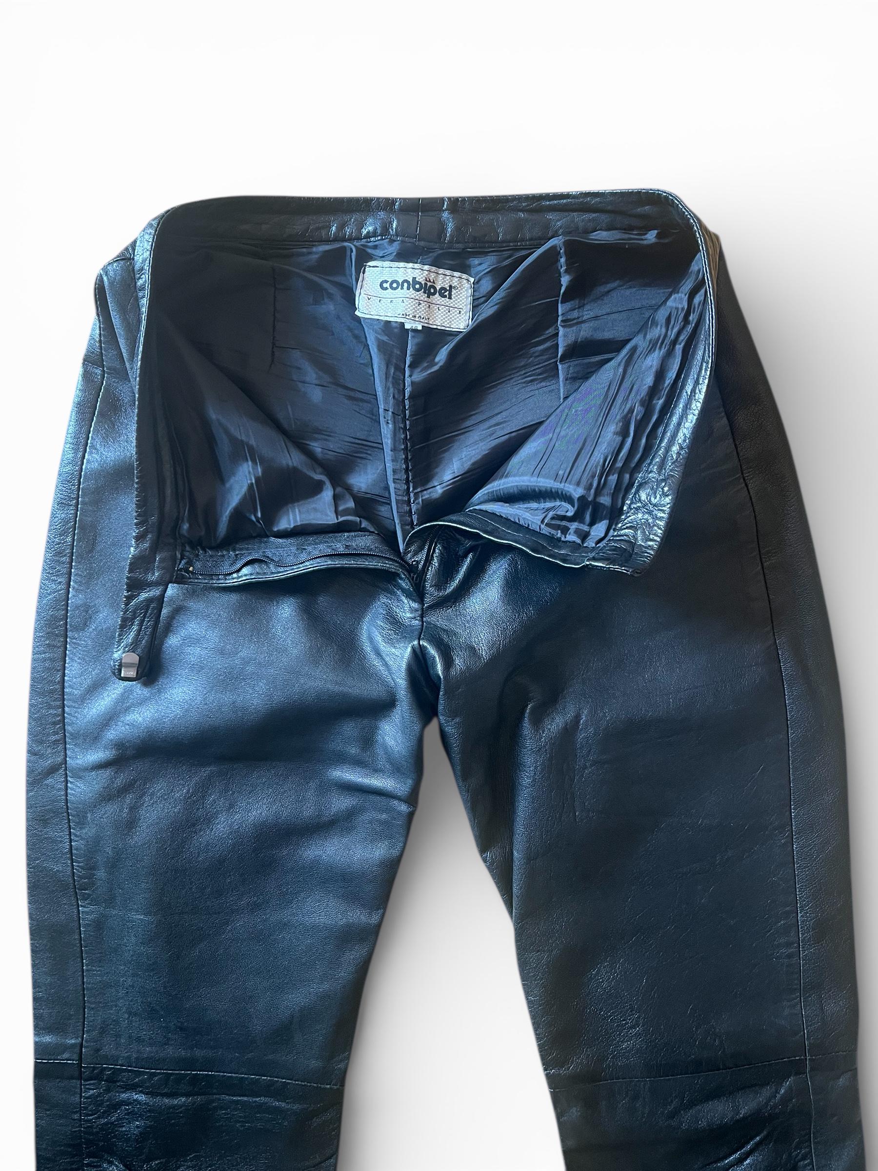 Pantaloni vintage in vera pelle nera low rise