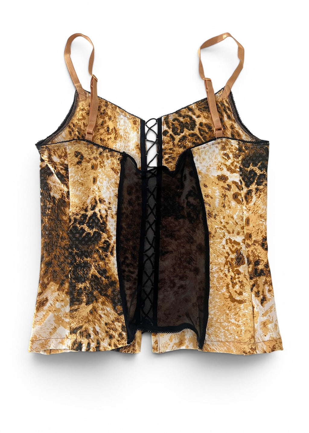 Completo Y2K animalier donna con top corsetto e pantaloni flare