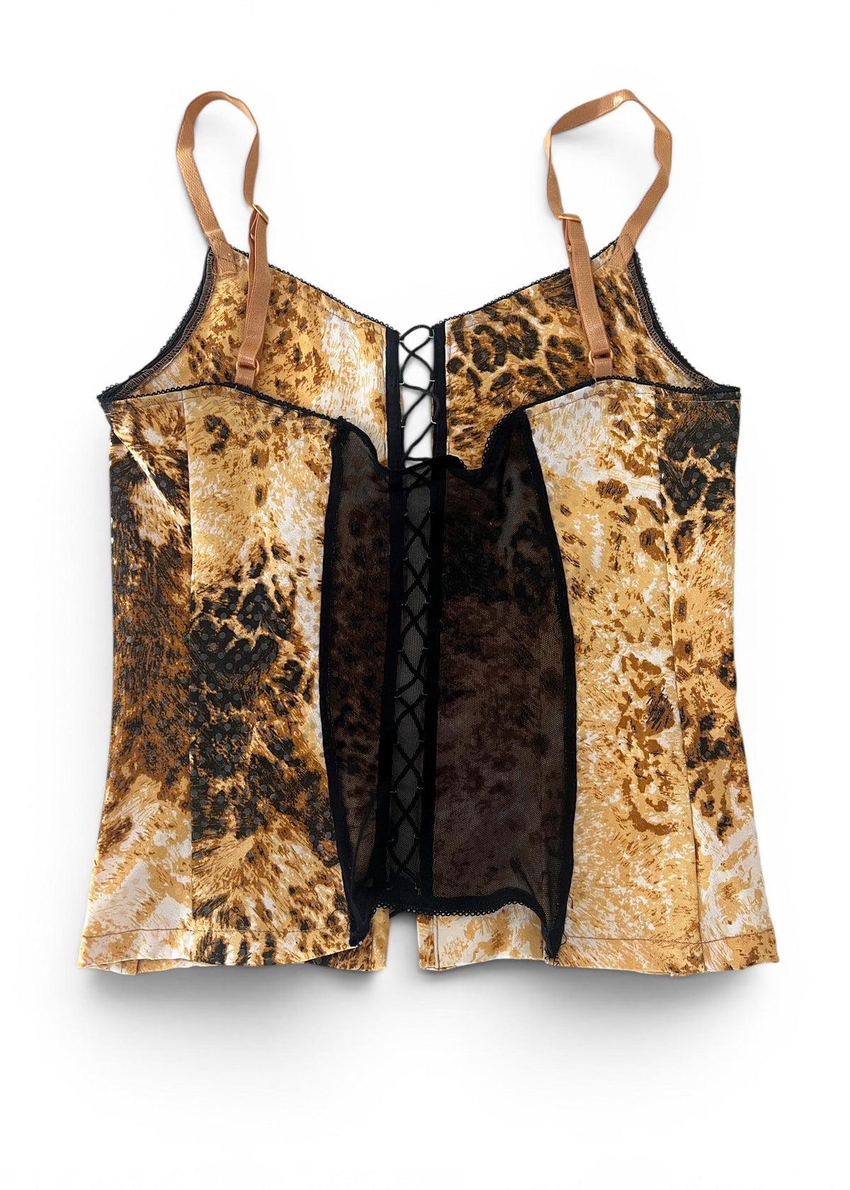 Completo Y2K animalier donna con top corsetto e pantaloni flare