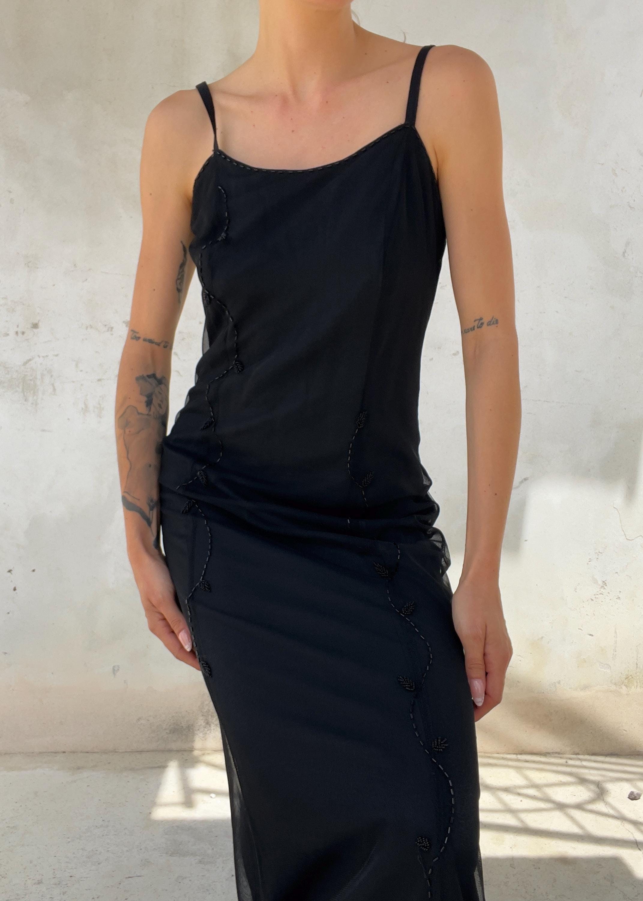 Abito Lungo Vintage Antonio Fusco in Tulle Nero Ricamato