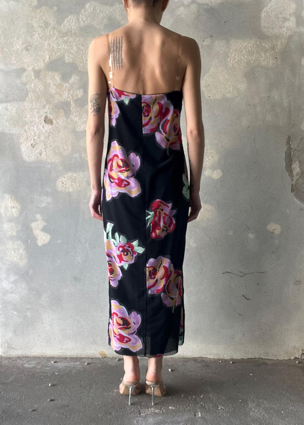 Abito Vintage Floreale Nero con Rose Maxi