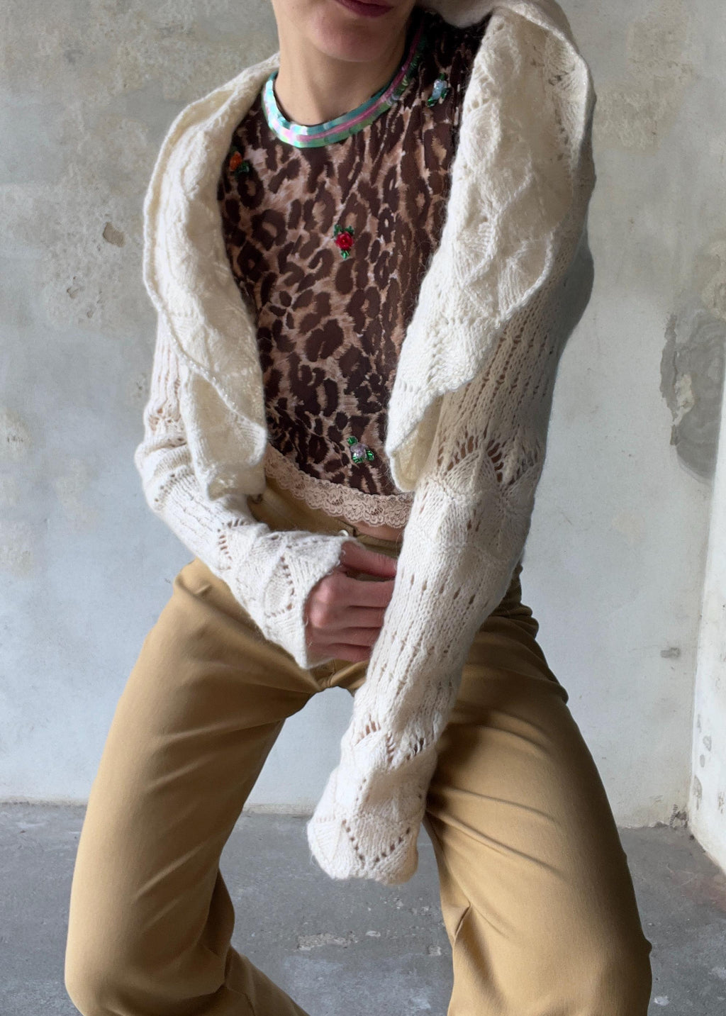 Benetton Vintage Bolero in Maglia Traforata Mohair Panna Cottagecore Boho