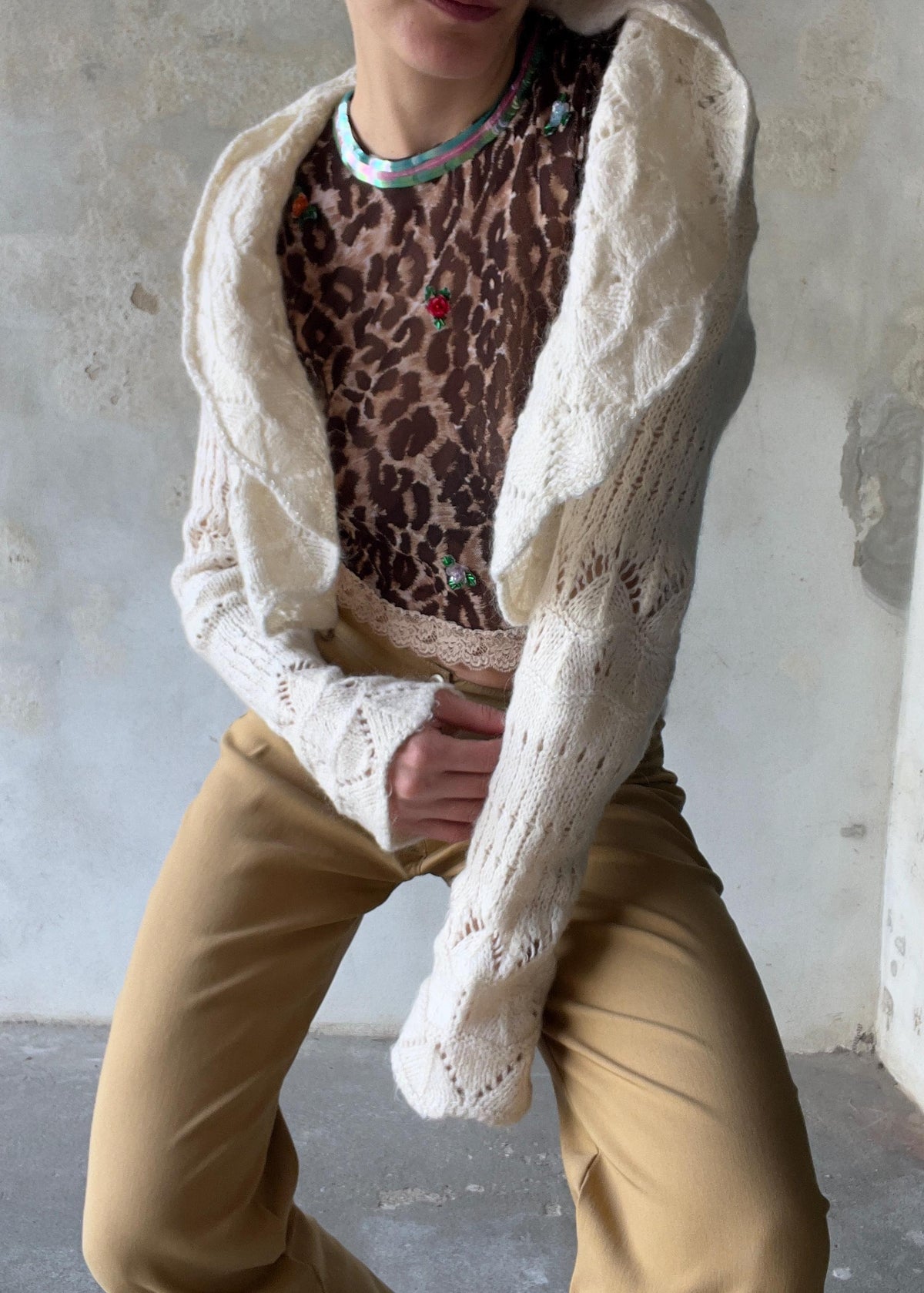 Benetton Vintage Bolero in Maglia Traforata Mohair Panna Cottagecore Boho
