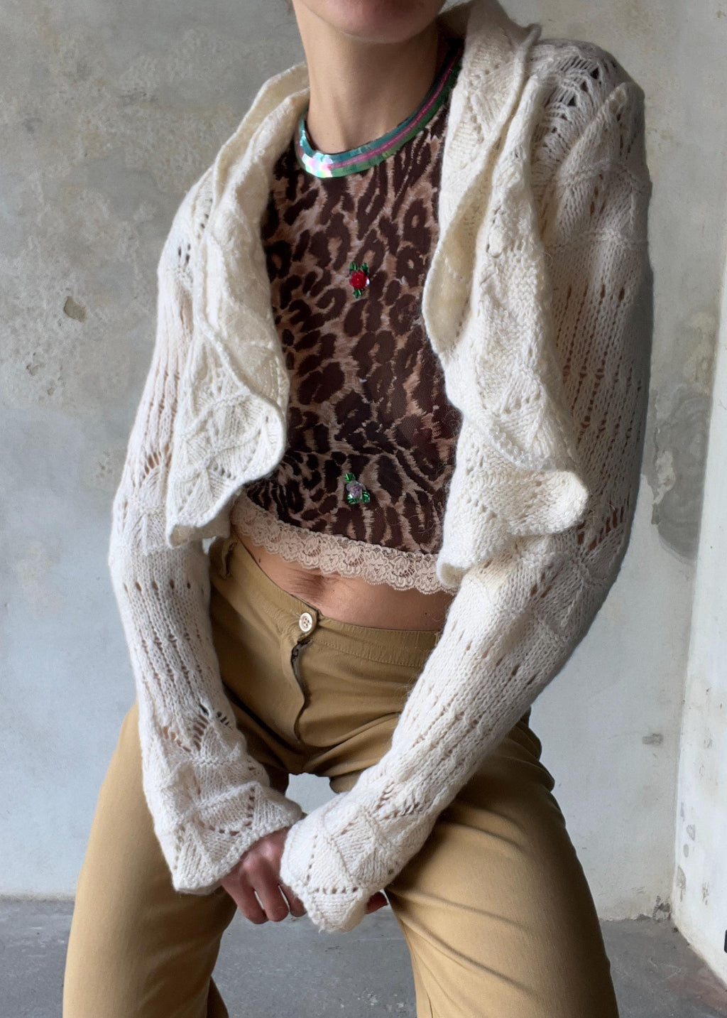 Benetton Vintage Bolero in Maglia Traforata Mohair Panna Cottagecore Boho