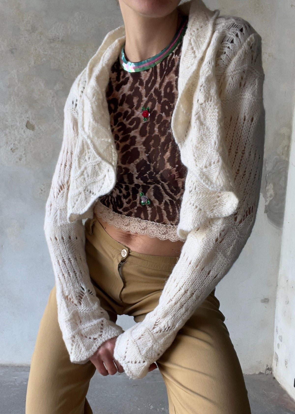 Benetton Vintage Bolero in Maglia Traforata Mohair Panna Cottagecore Boho