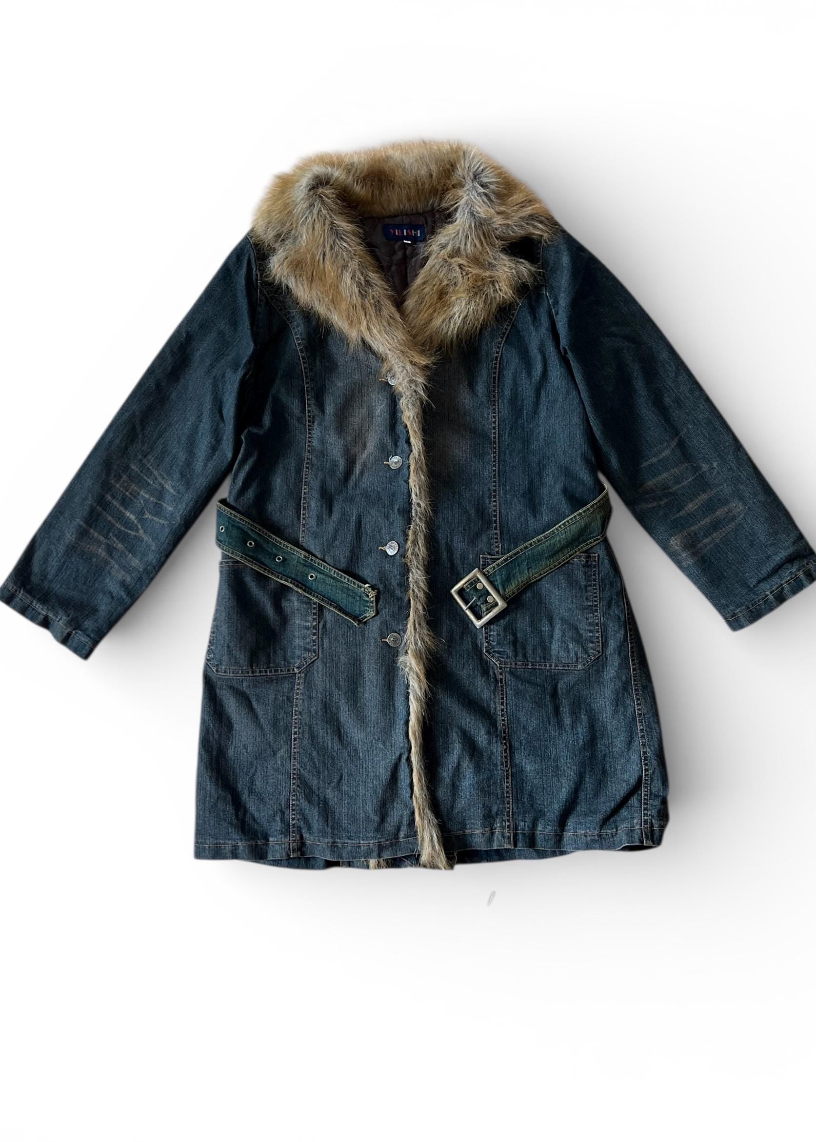 Cappotto Denim Vintage Y2K con Collo in Ecopelliccia